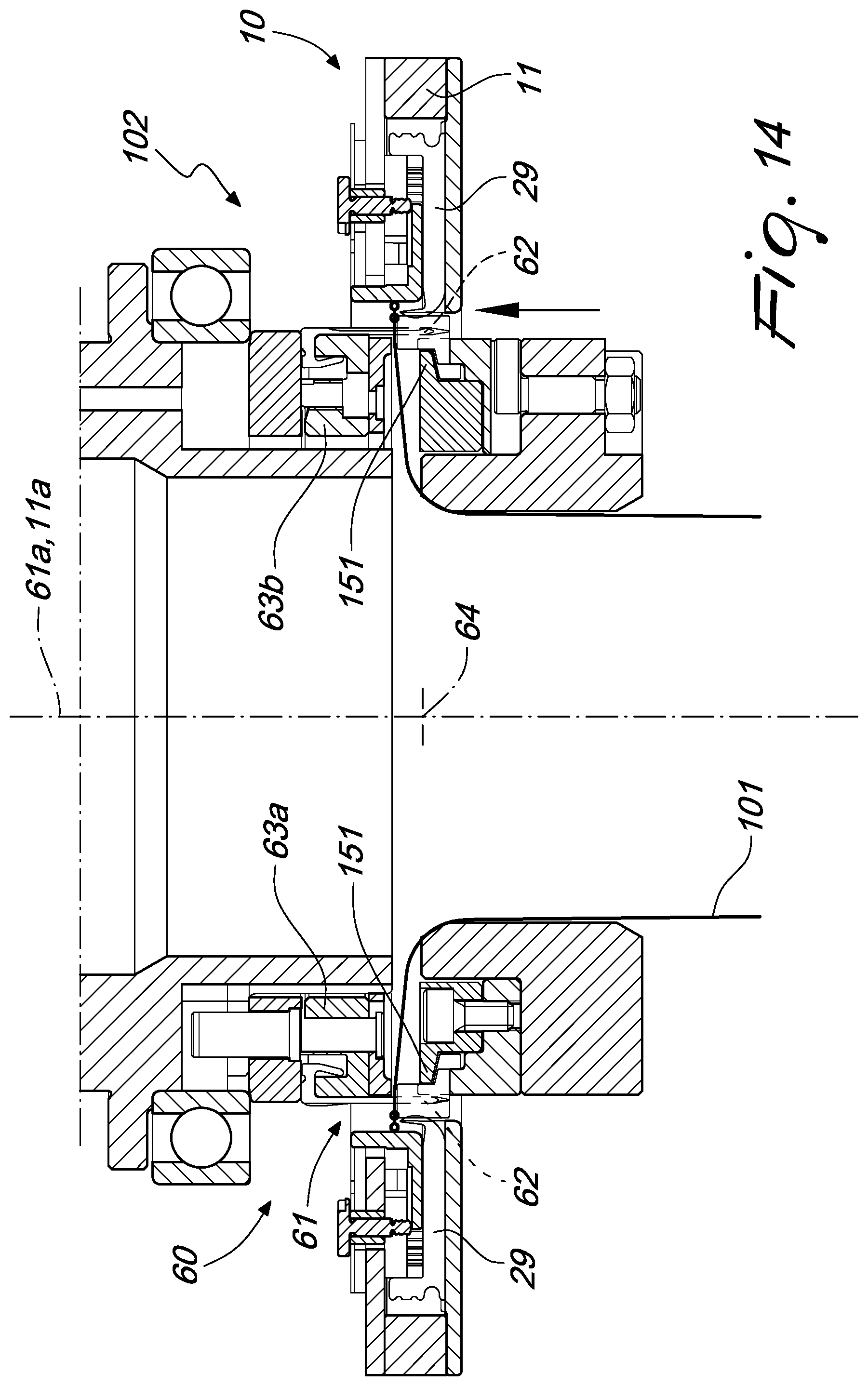 Patent US12129580 Figure 15 – Pick-up device for picking up a tubular knitted article from a circular knitting machine and for its transfer to a unit adapted to perform additional operations on the article