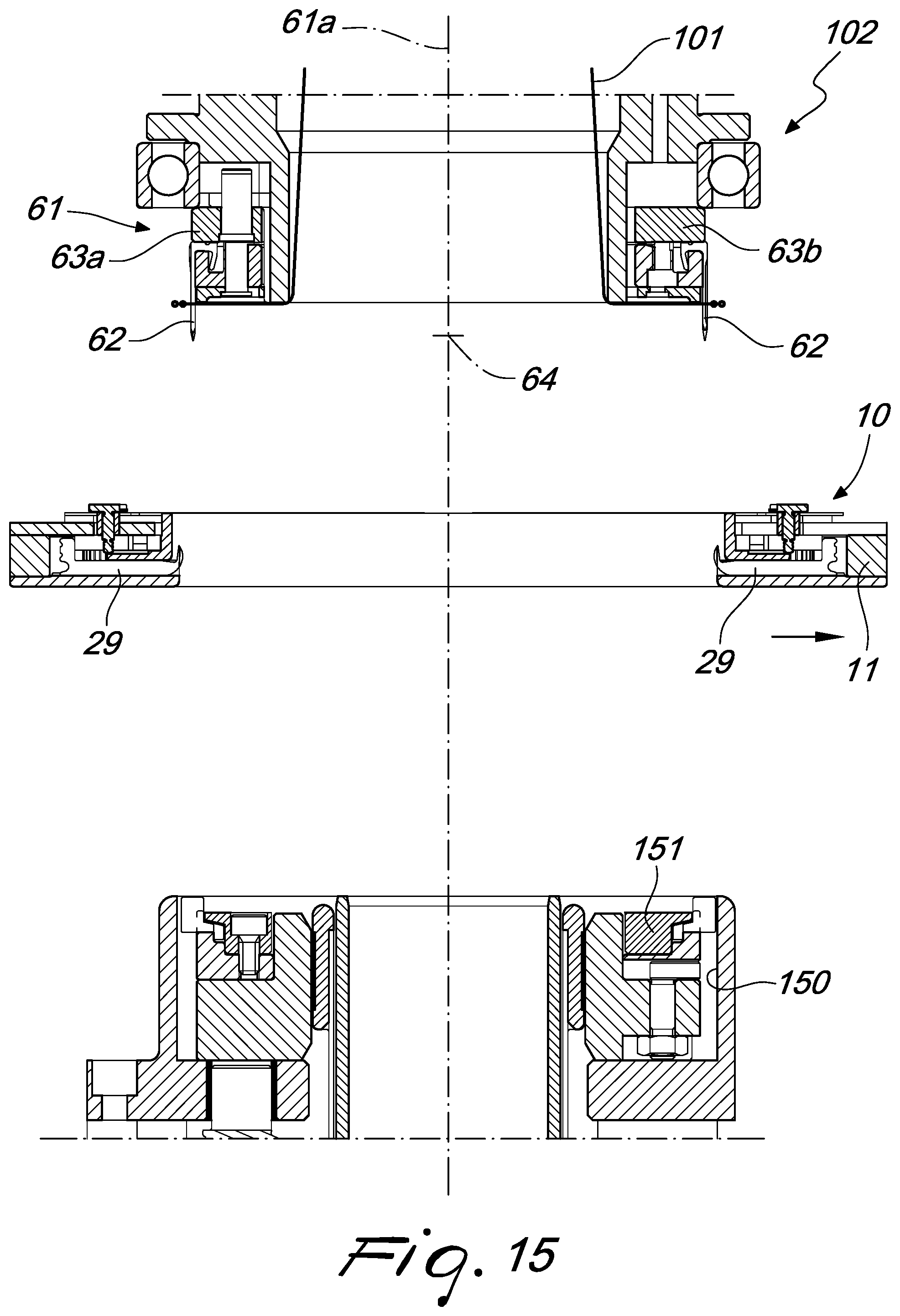 Patent US12129580 Figure 16 – Pick-up device for picking up a tubular knitted article from a circular knitting machine and for its transfer to a unit adapted to perform additional operations on the article