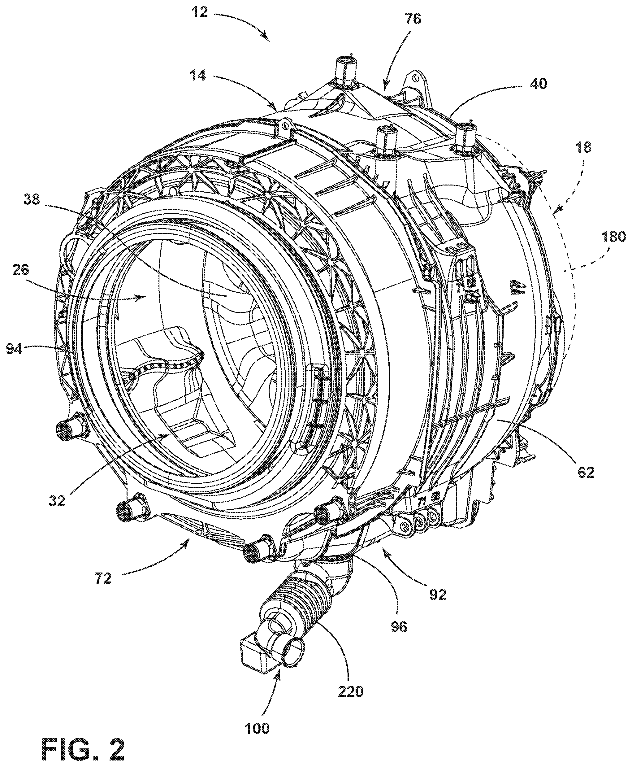 Patent US12129587 Figure 2 – Combination washing and drying appliance having an airflow system contained within an outer tub