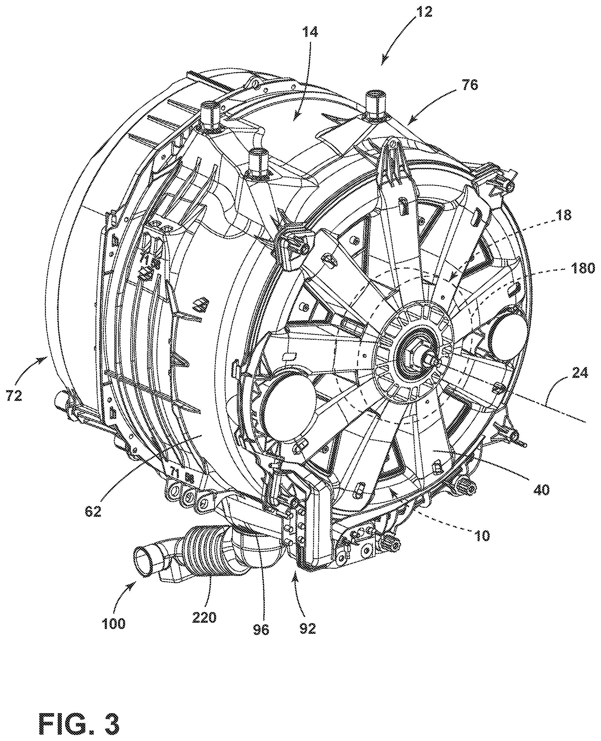 Patent US12129587 Figure 3 – Combination washing and drying appliance having an airflow system contained within an outer tub
