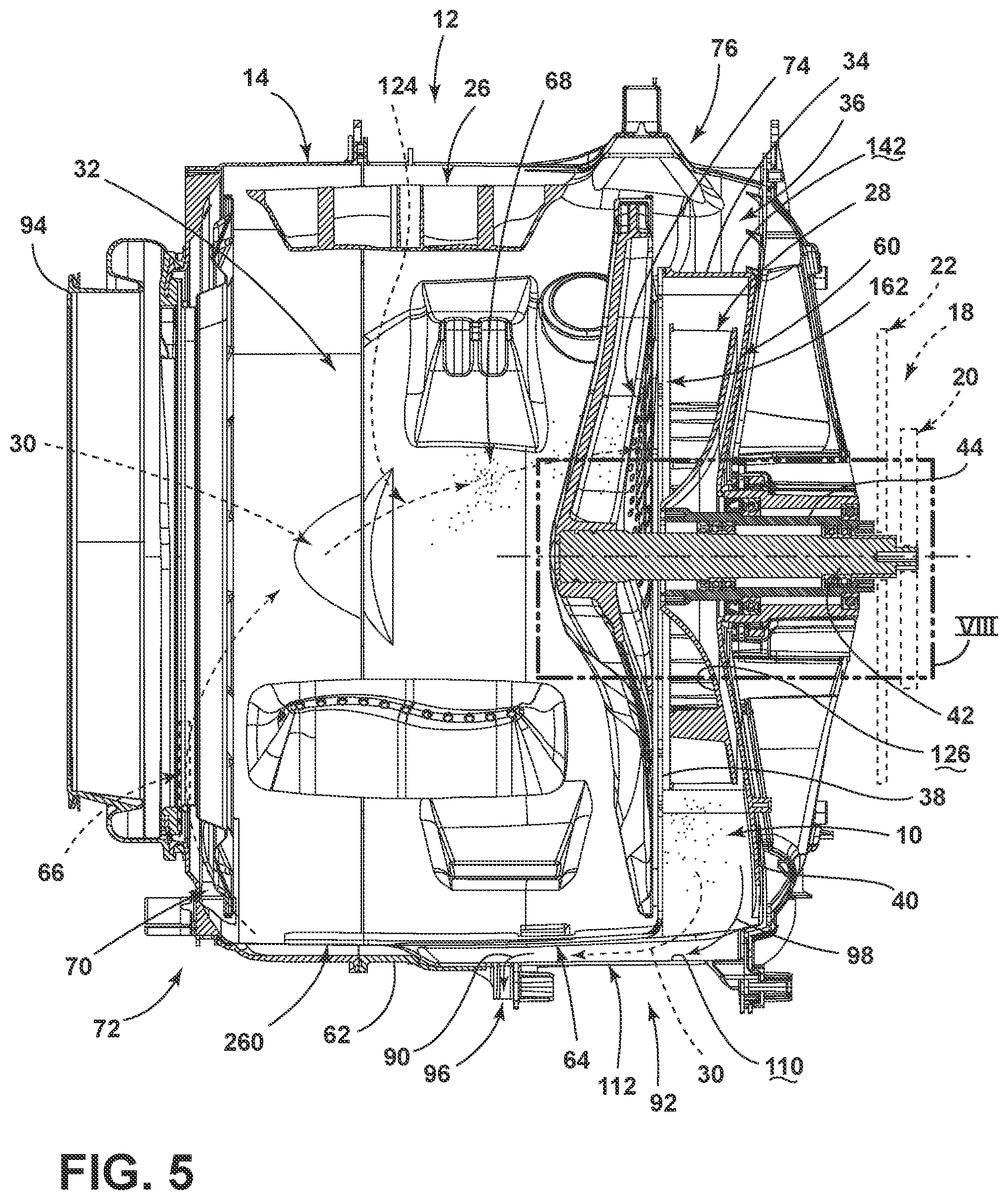 Patent US12129587 Figure 5 – Combination washing and drying appliance having an airflow system contained within an outer tub