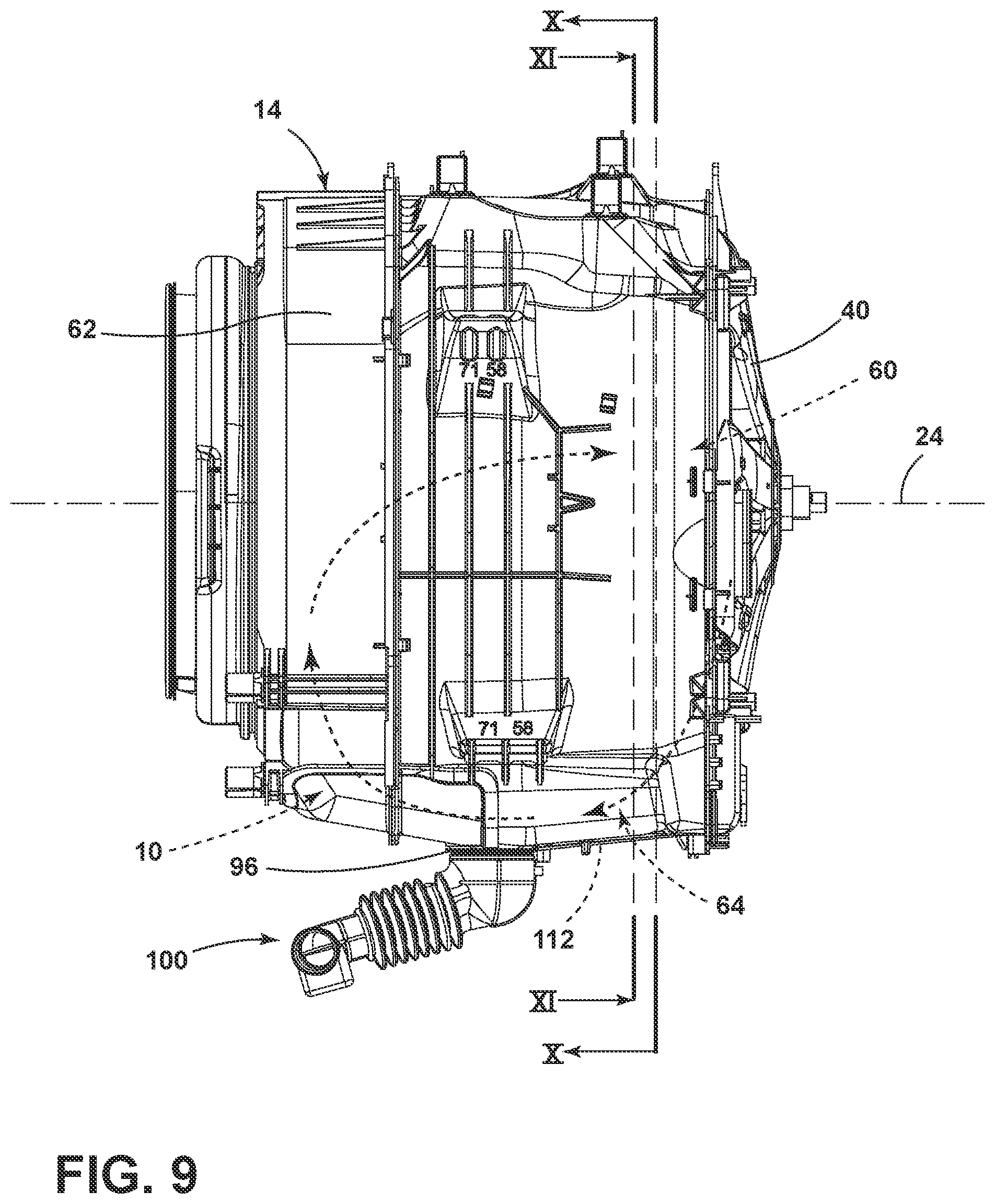 Patent US12129587 Figure 9 – Combination washing and drying appliance having an airflow system contained within an outer tub