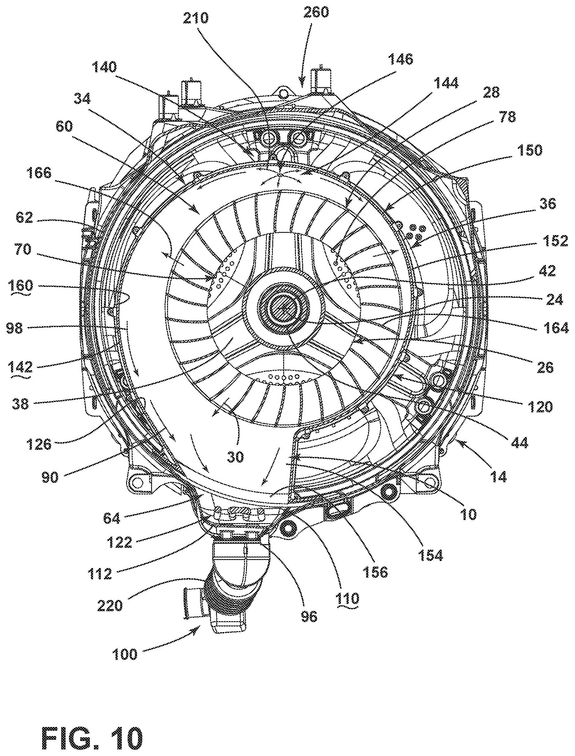 Patent US12129587 Figure 10 – Combination washing and drying appliance having an airflow system contained within an outer tub