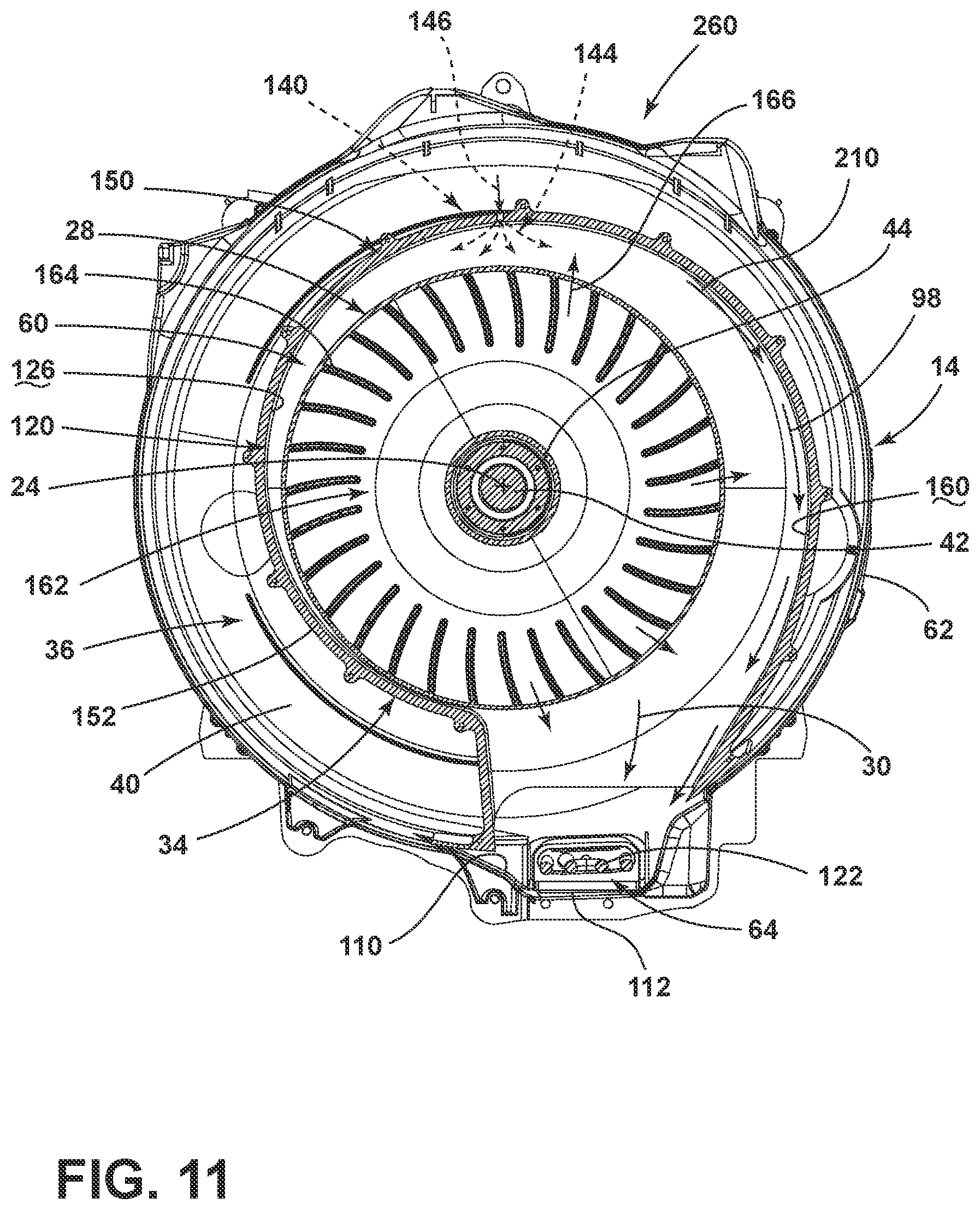 Patent US12129587 Figure 11 – Combination washing and drying appliance having an airflow system contained within an outer tub