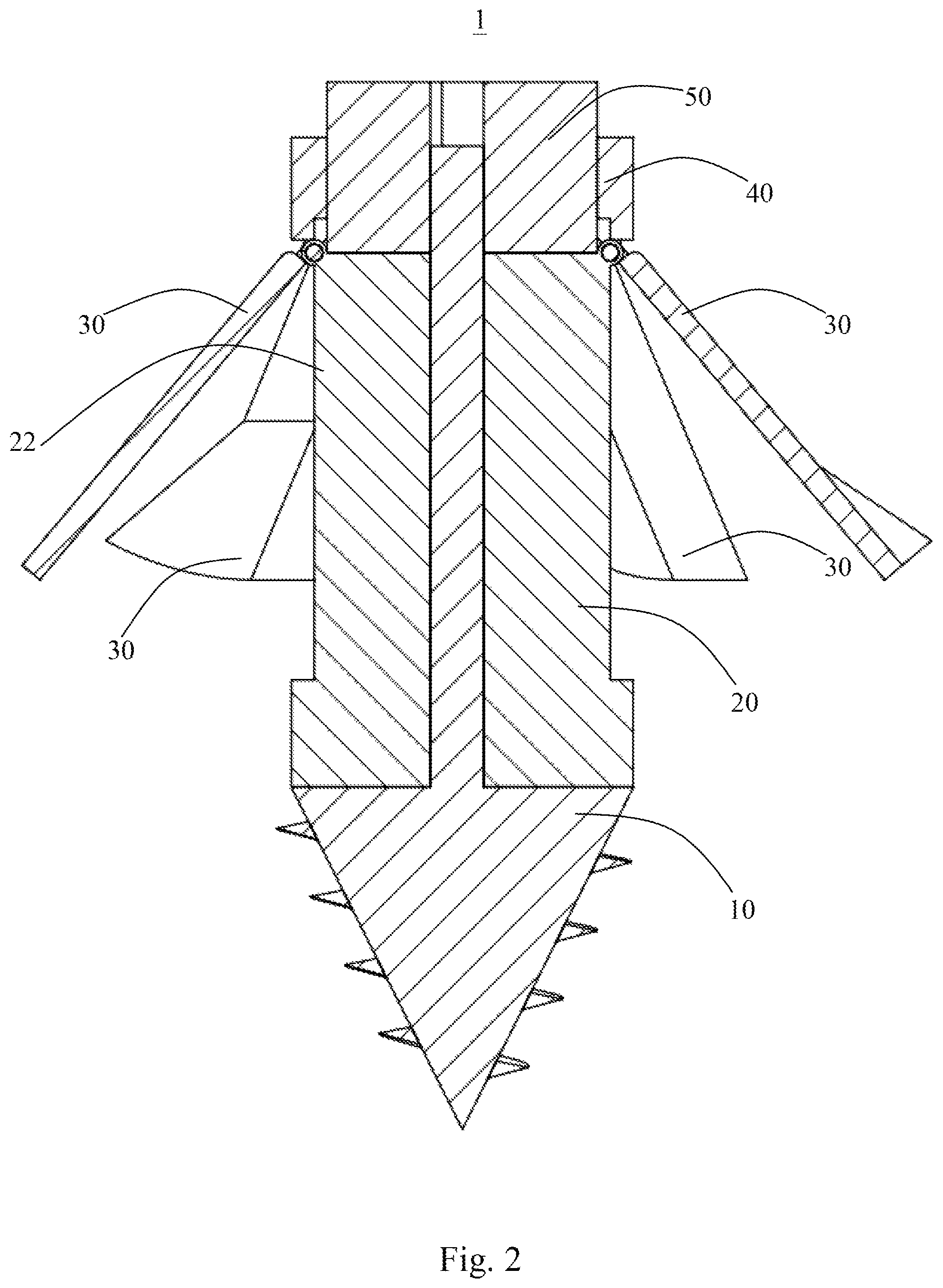 Patent US12129622 Figure 2 – Root-like expandable foundation pile