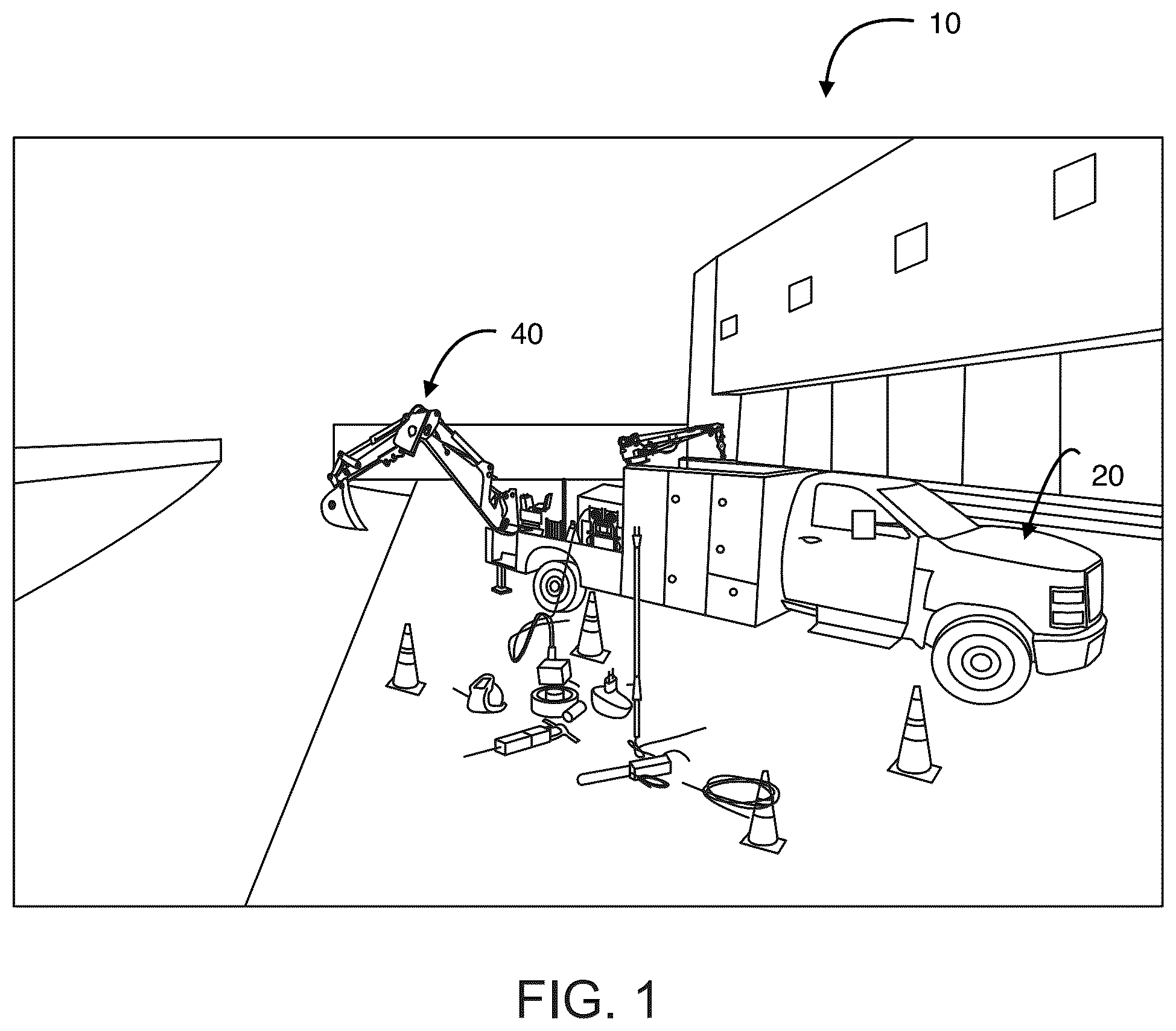 Patent US12129625 Figure 1 – Utility truck body with integrated multifunctional hydraulic arm and lift assembly