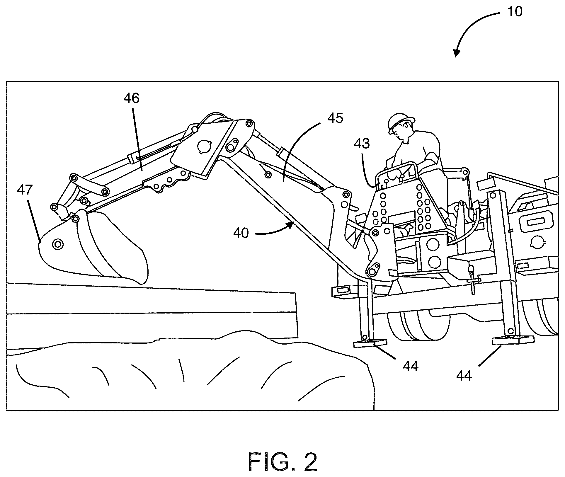 Patent US12129625 Figure 2 – Utility truck body with integrated multifunctional hydraulic arm and lift assembly