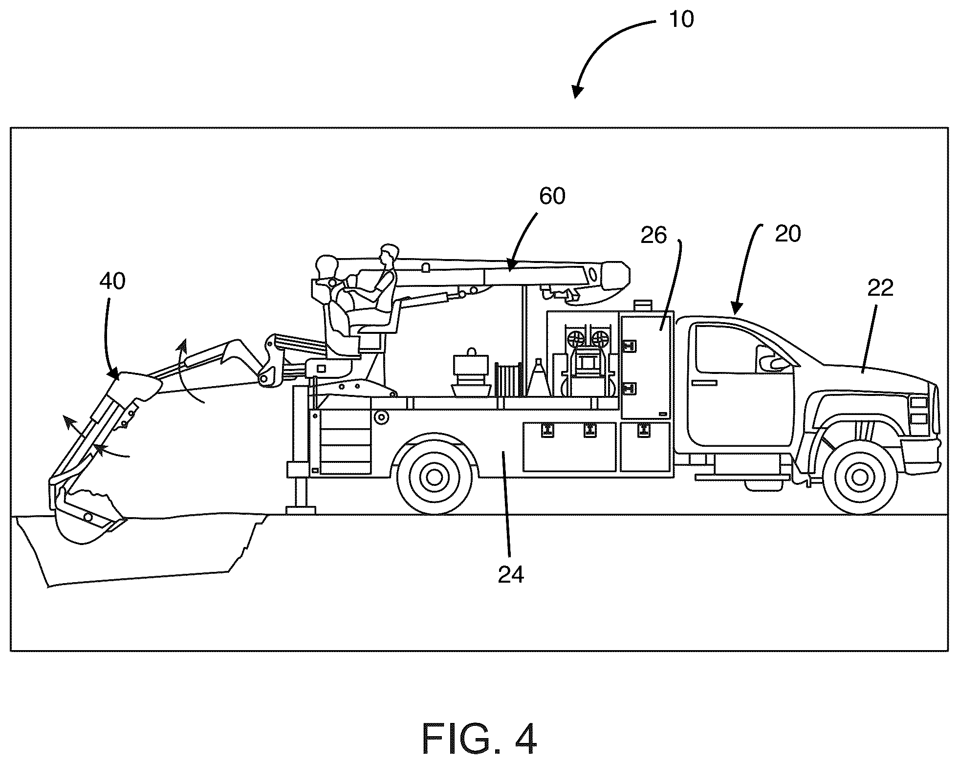 Patent US12129625 Figure 4 – Utility truck body with integrated multifunctional hydraulic arm and lift assembly
