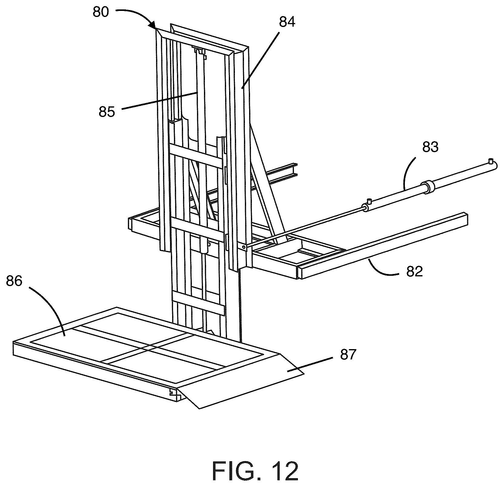 Patent US12129625 Figure 9 – Utility truck body with integrated multifunctional hydraulic arm and lift assembly