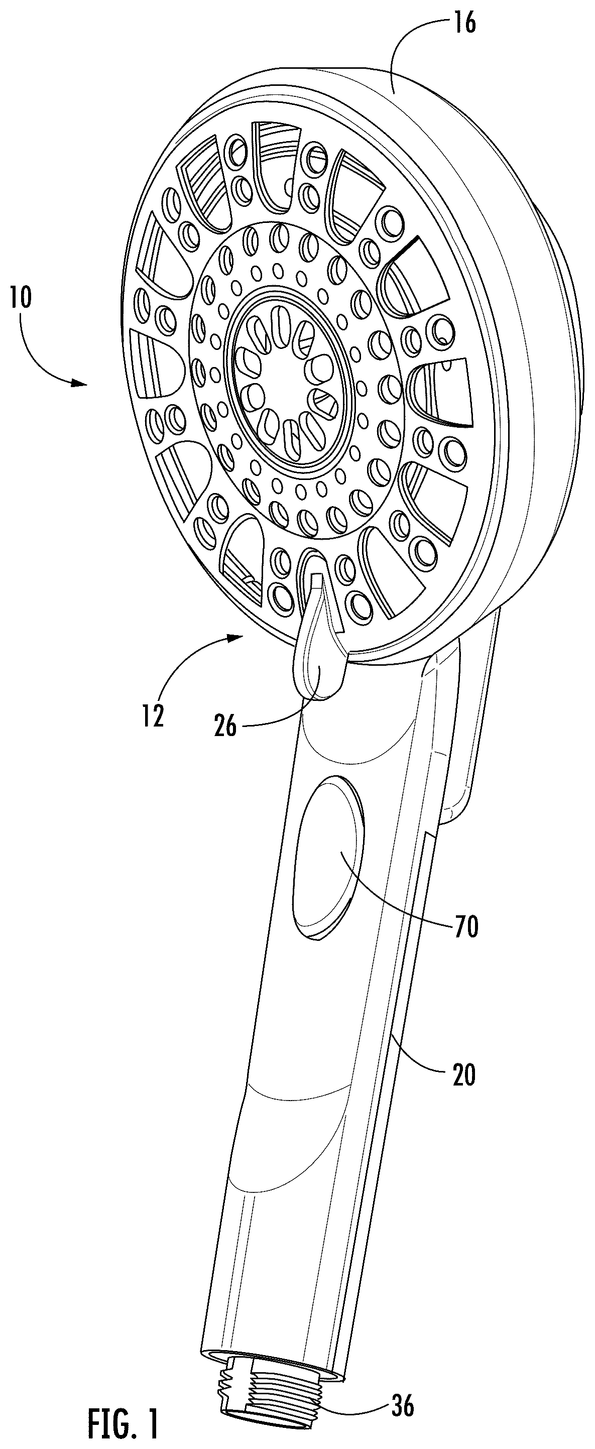 Patent US12129633 Figure 1 – Handheld showerhead with push-button release mechanism