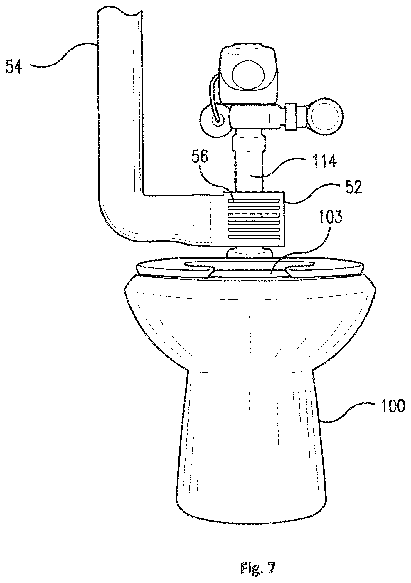 Patent US12129638 Figure 8 – Filtration assembly for reducing malaodors in air and aerosolized waste from toilets
