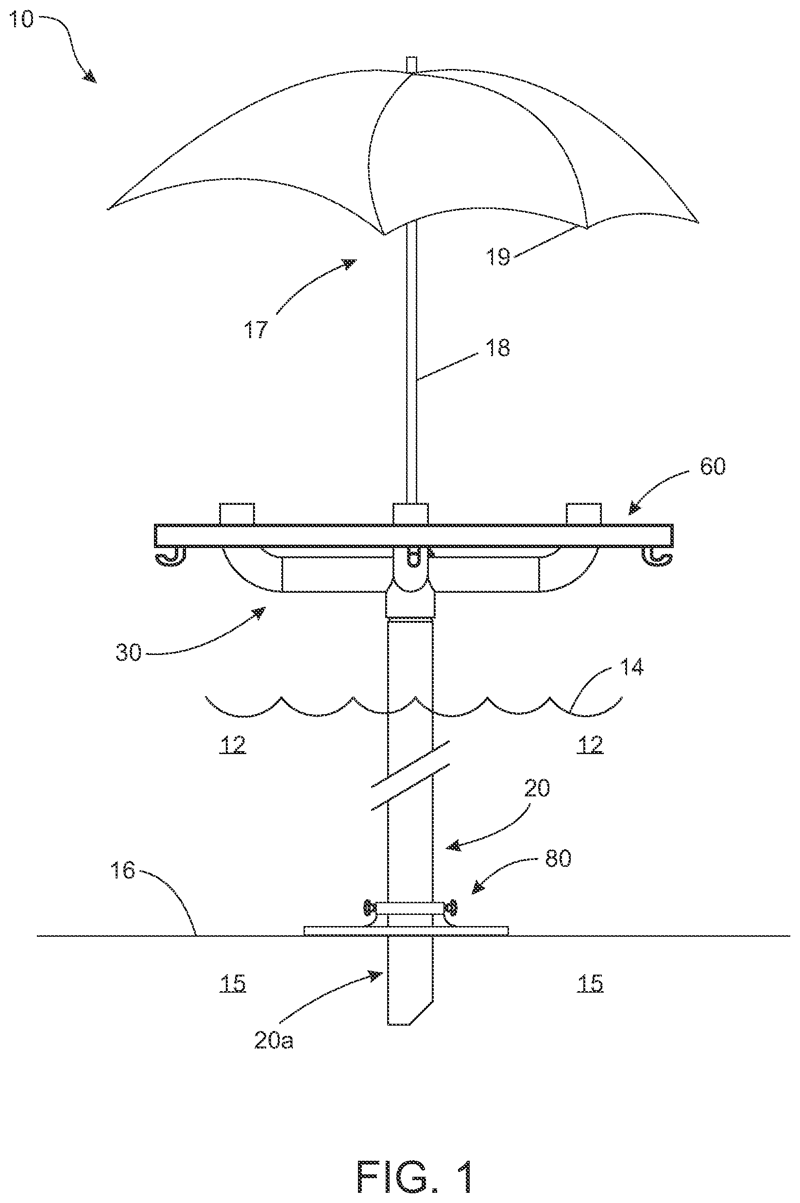Patent US12129675 Figure 1 – Umbrella anchoring, stabilizing, and accessory holding assembly