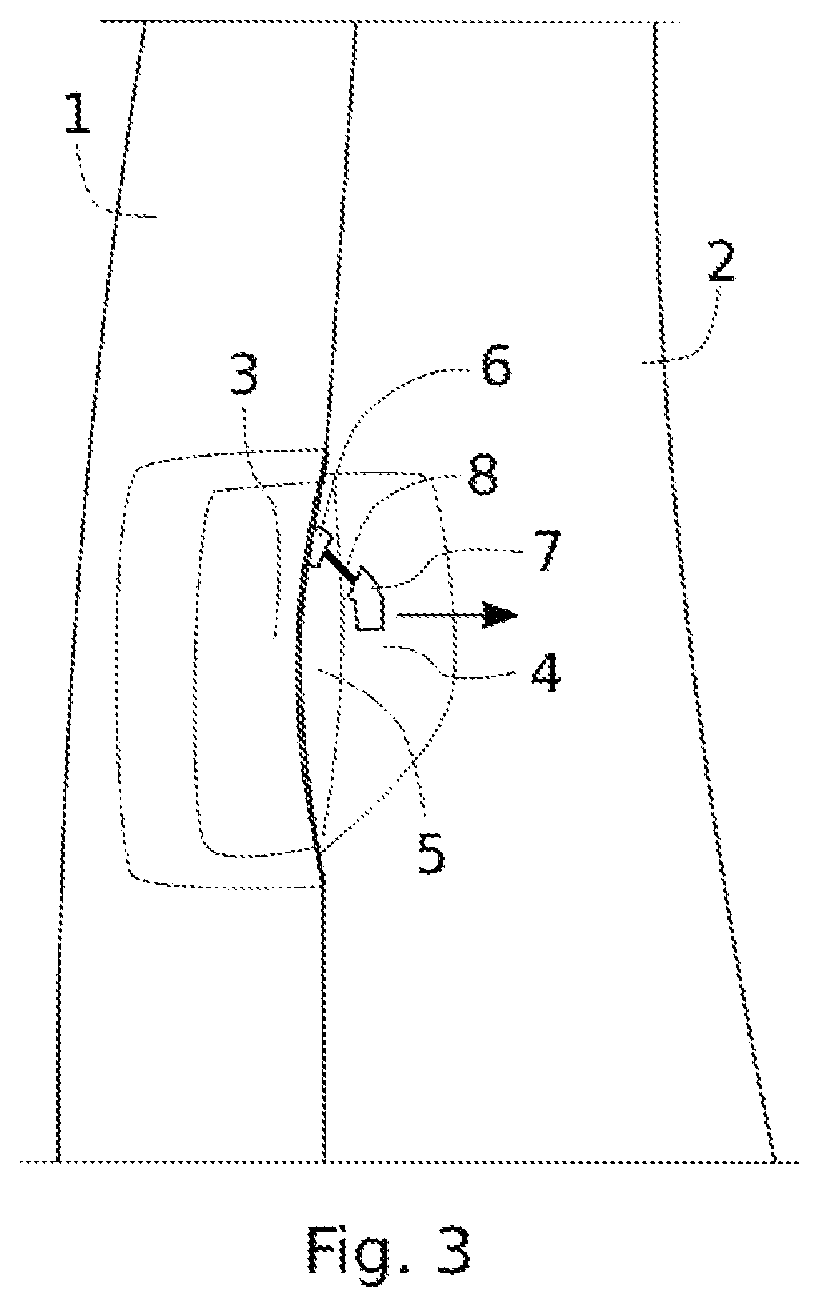 Patent US12129691 Figure 3 – Emergency access device for a vehicle opening panel with rotary deployment arm