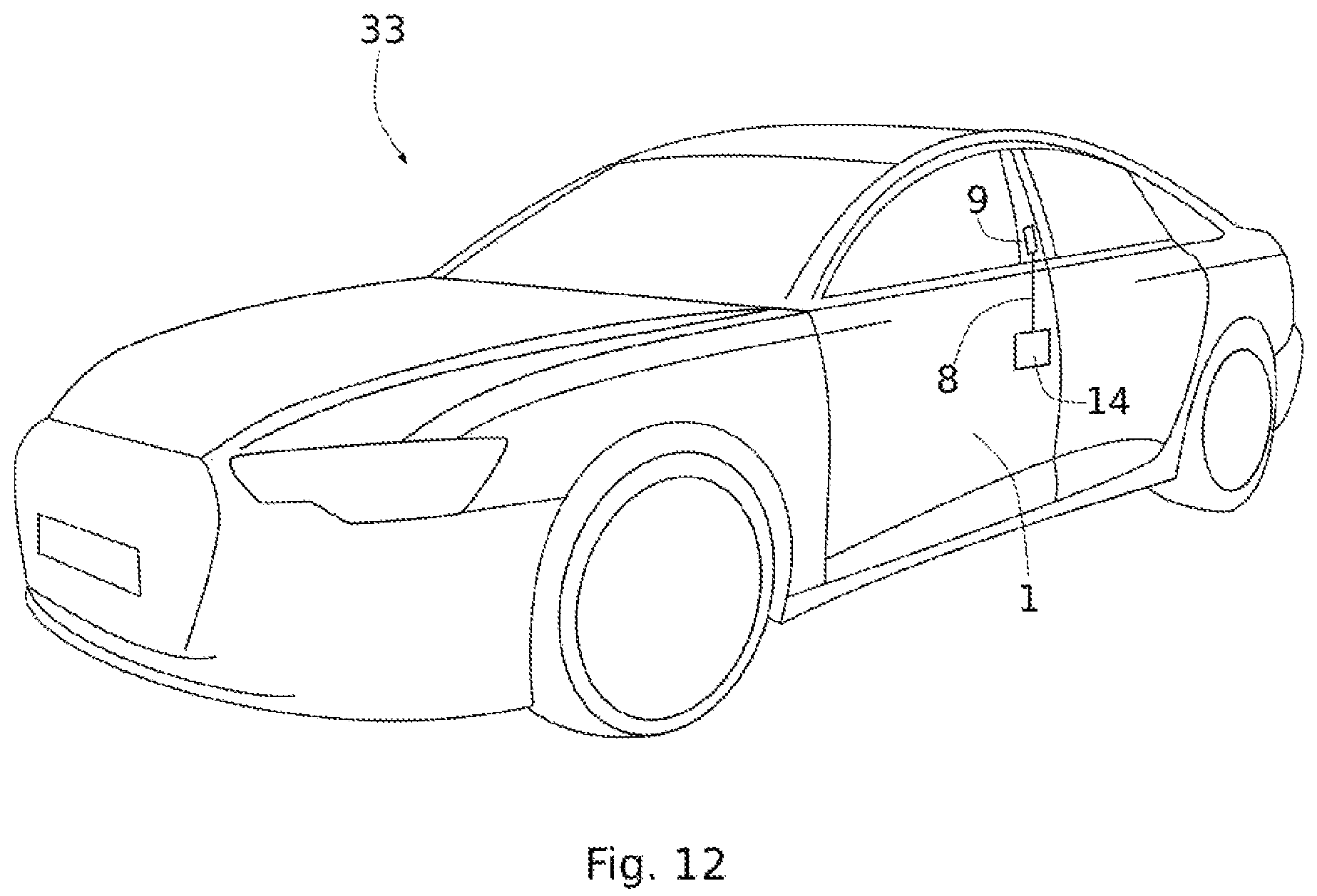 Patent US12129691 Figure 12 – Emergency access device for a vehicle opening panel with rotary deployment arm