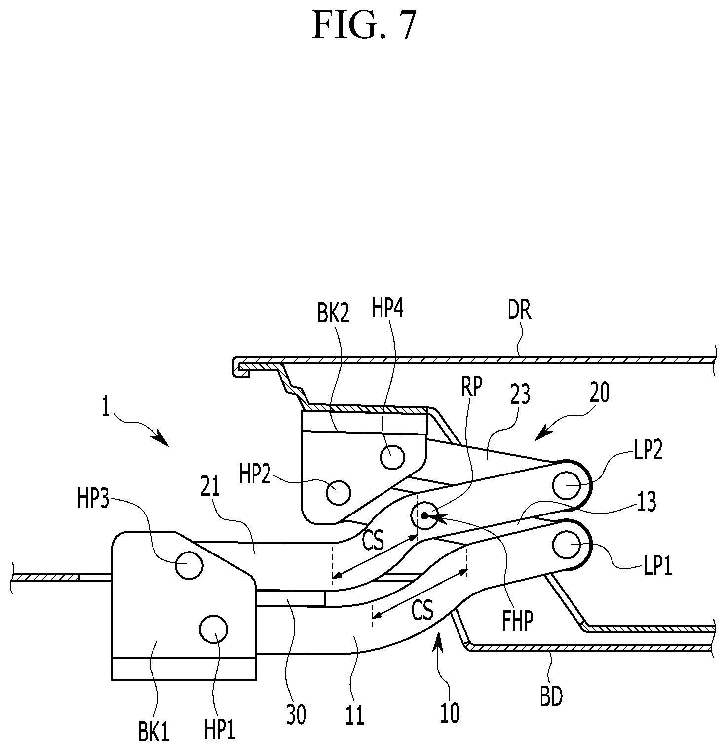 Patent US12129699 Figure 7 – Door hinge device for vehicles