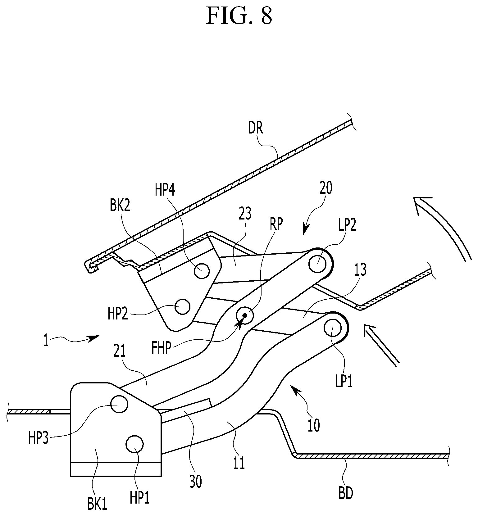 Patent US12129699 Figure 8 – Door hinge device for vehicles