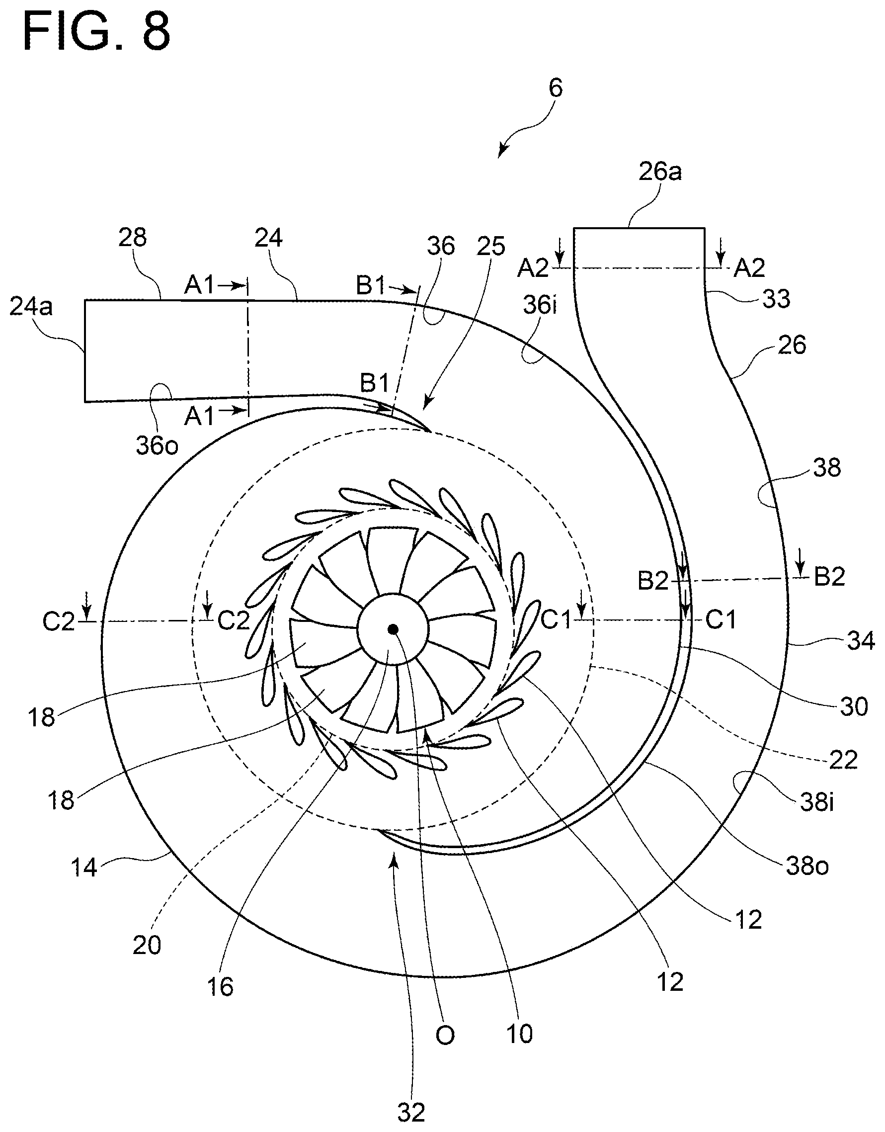 Patent US12129764 Figure 8 – Turbocharger gas casing and turbocharger