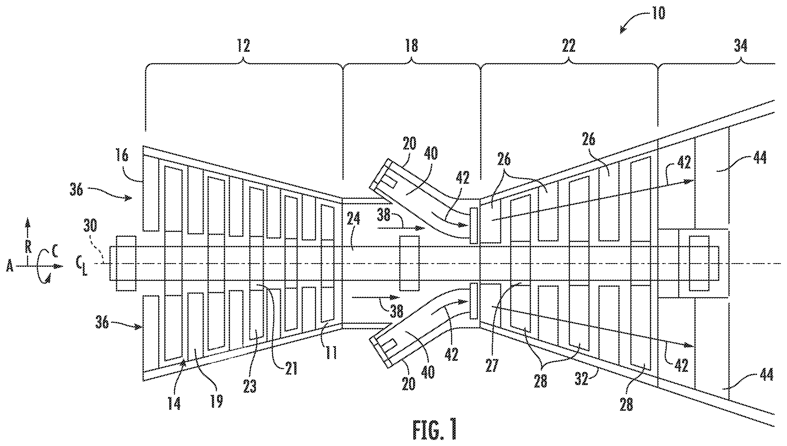 Patent US12129771 Figure 1 – Stator vane assembly having mechanical retention device