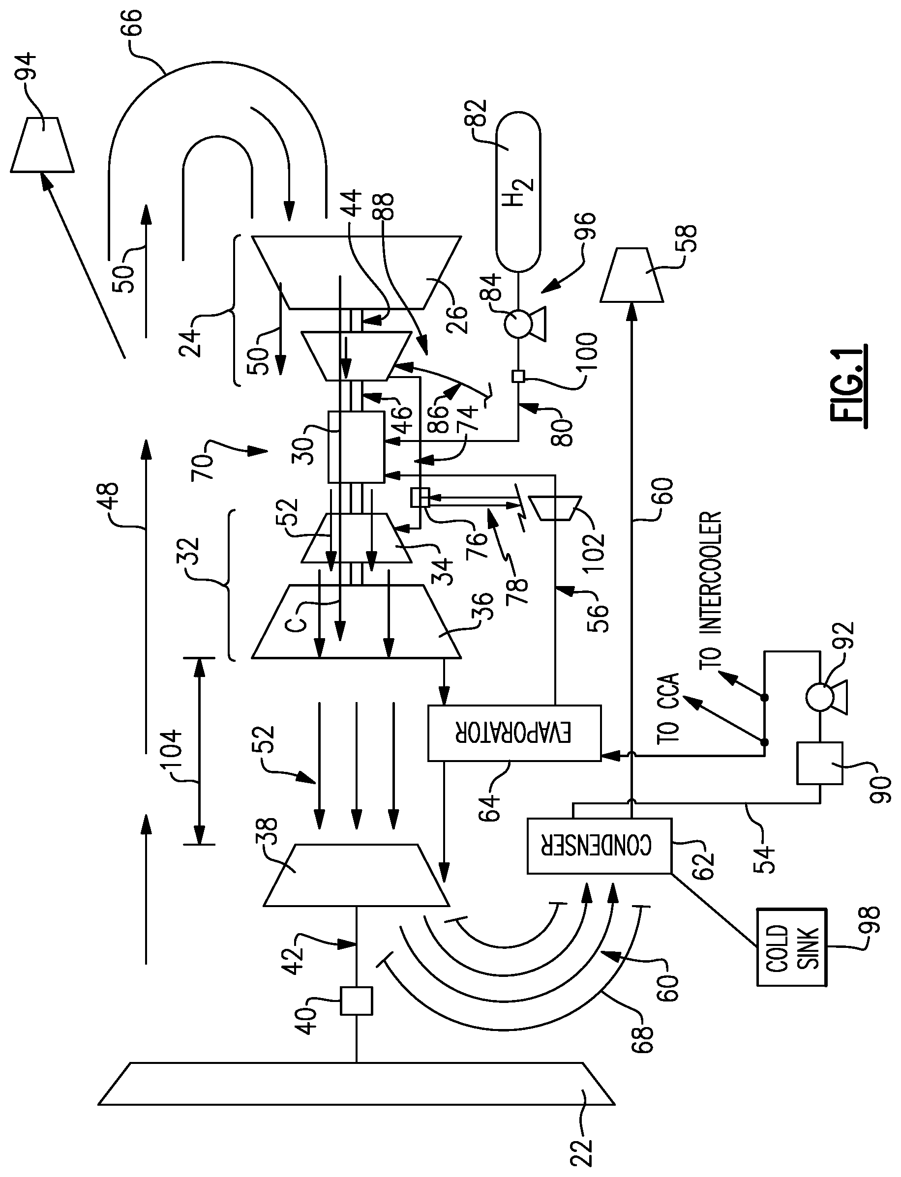 Patent US12129774 Figure 1 – Hydrogen fueled turbine engine pinch point water separator
