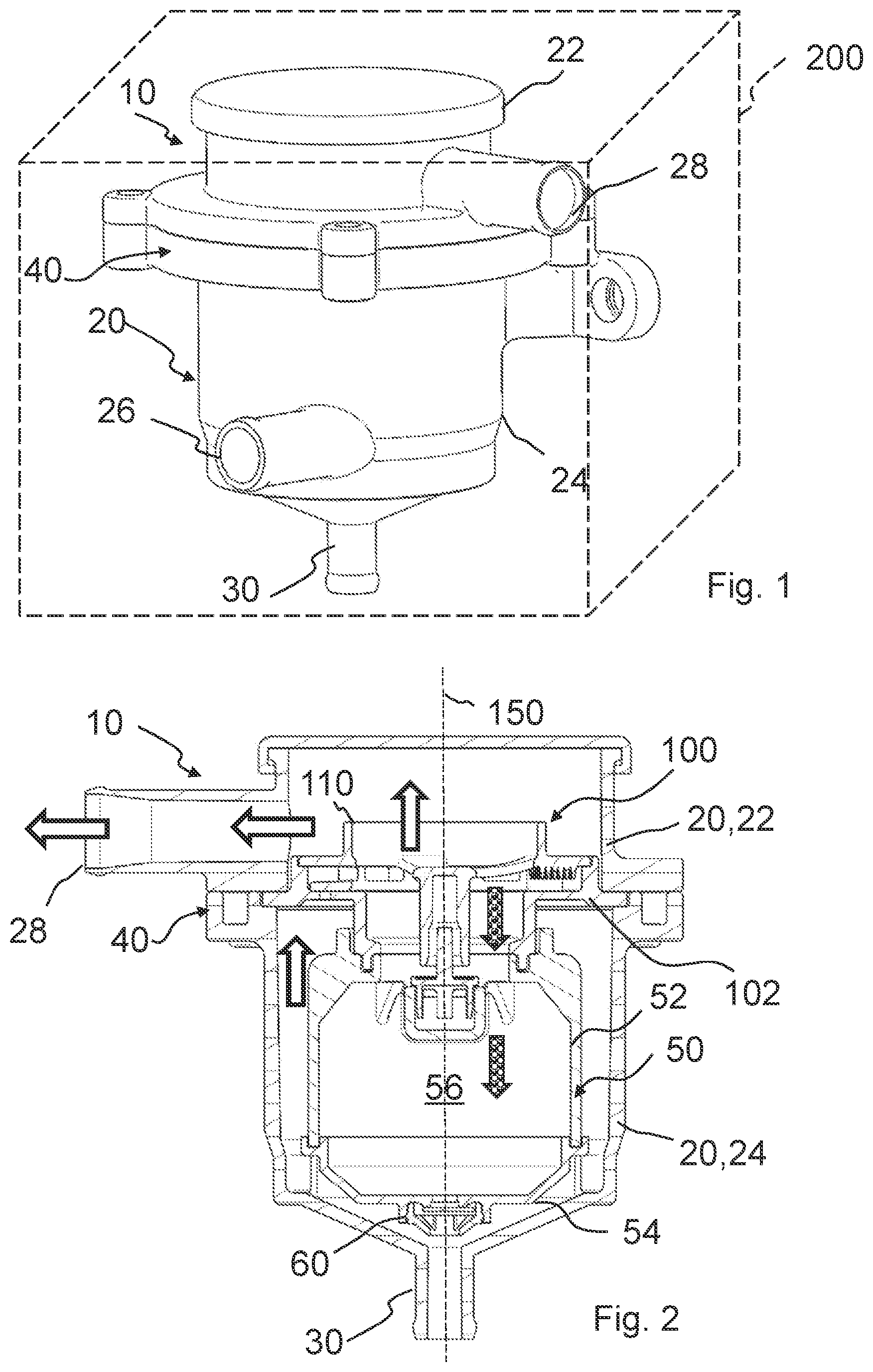 Patent US12129776 Figure 1 – Separator for separating fluid from a gas flow and assembly kit for a separator