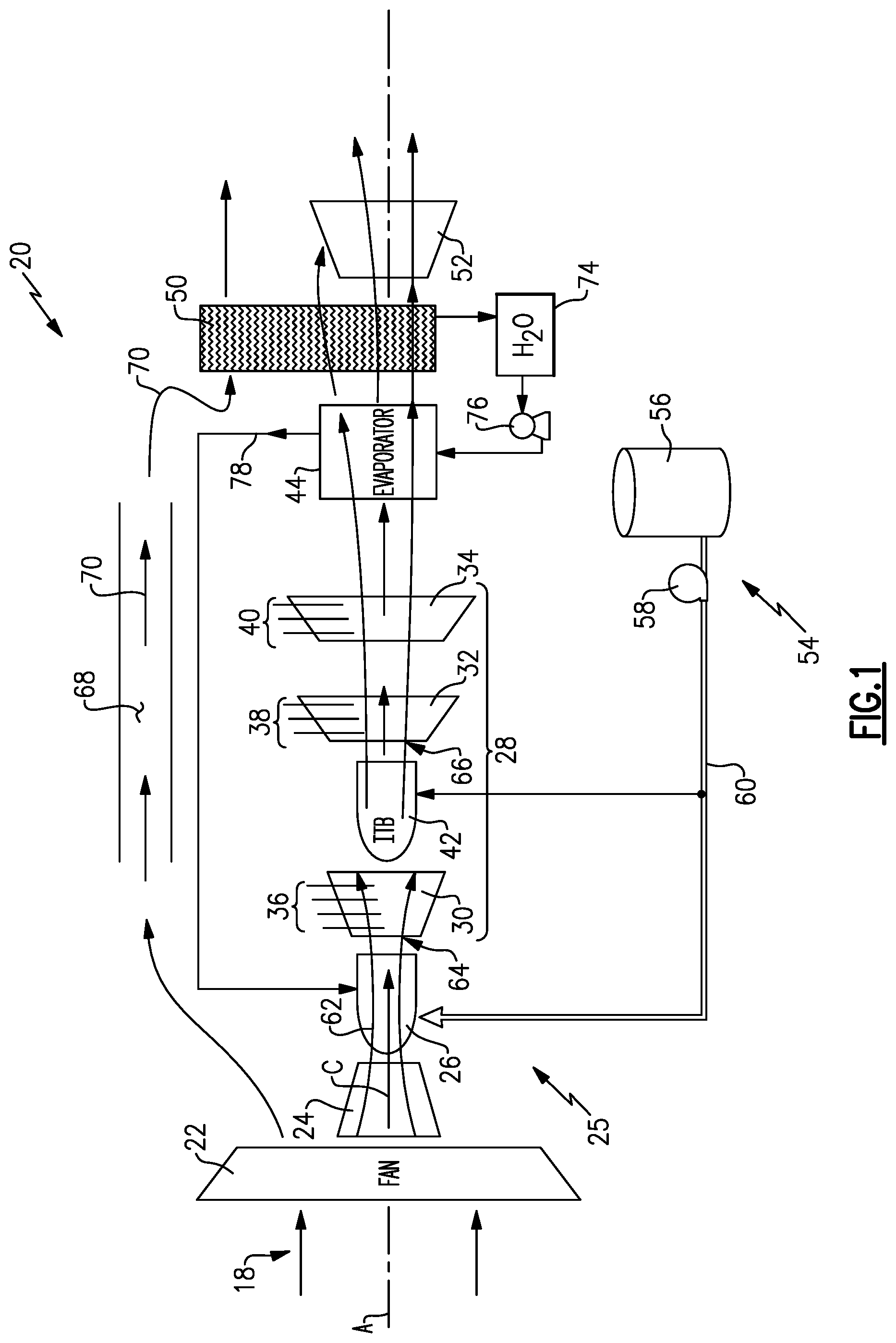 Patent US12129787 Figure 1 – Inter-turbine burner in recuperation cycle engine