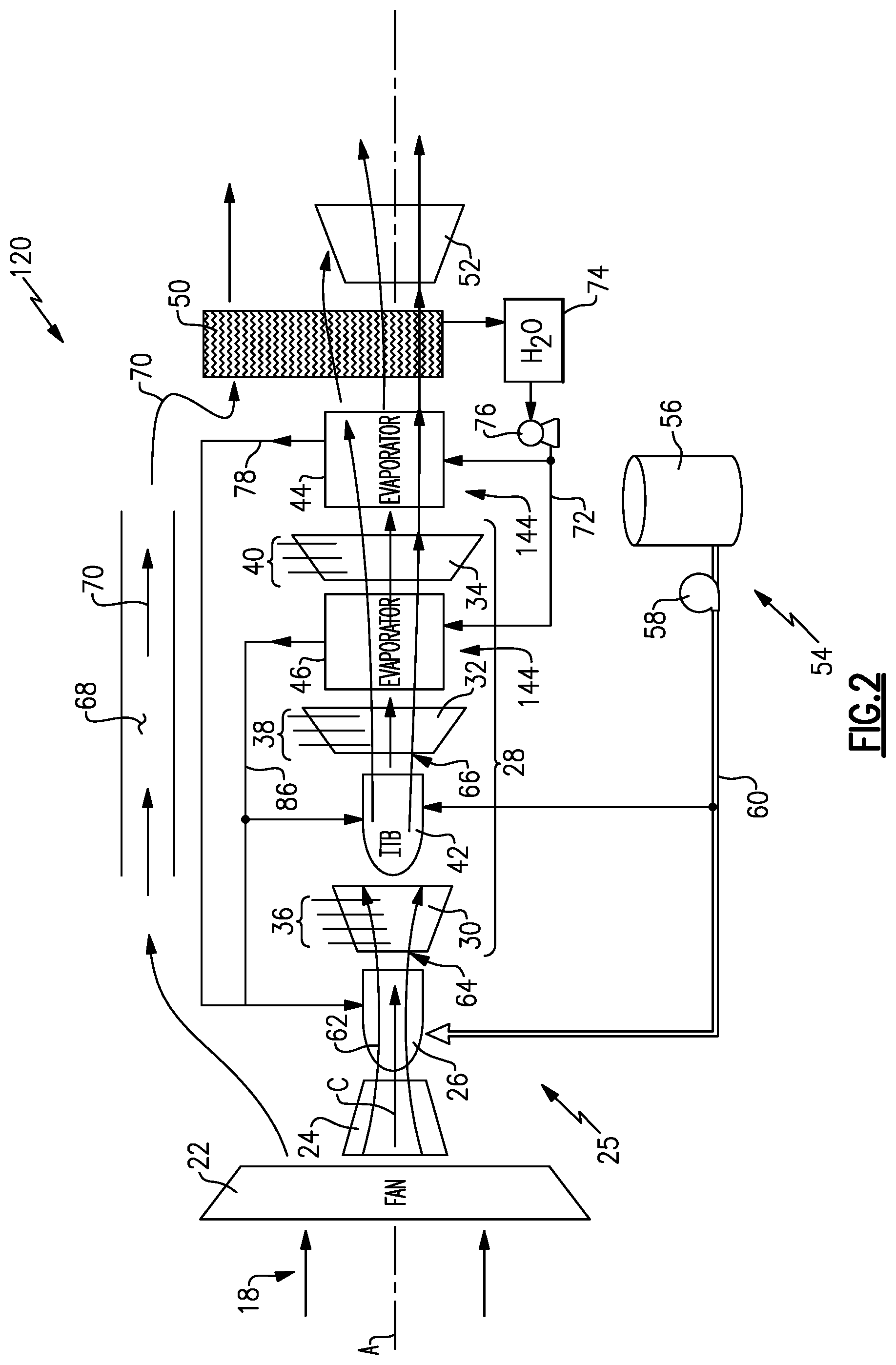 Patent US12129787 Figure 2 – Inter-turbine burner in recuperation cycle engine