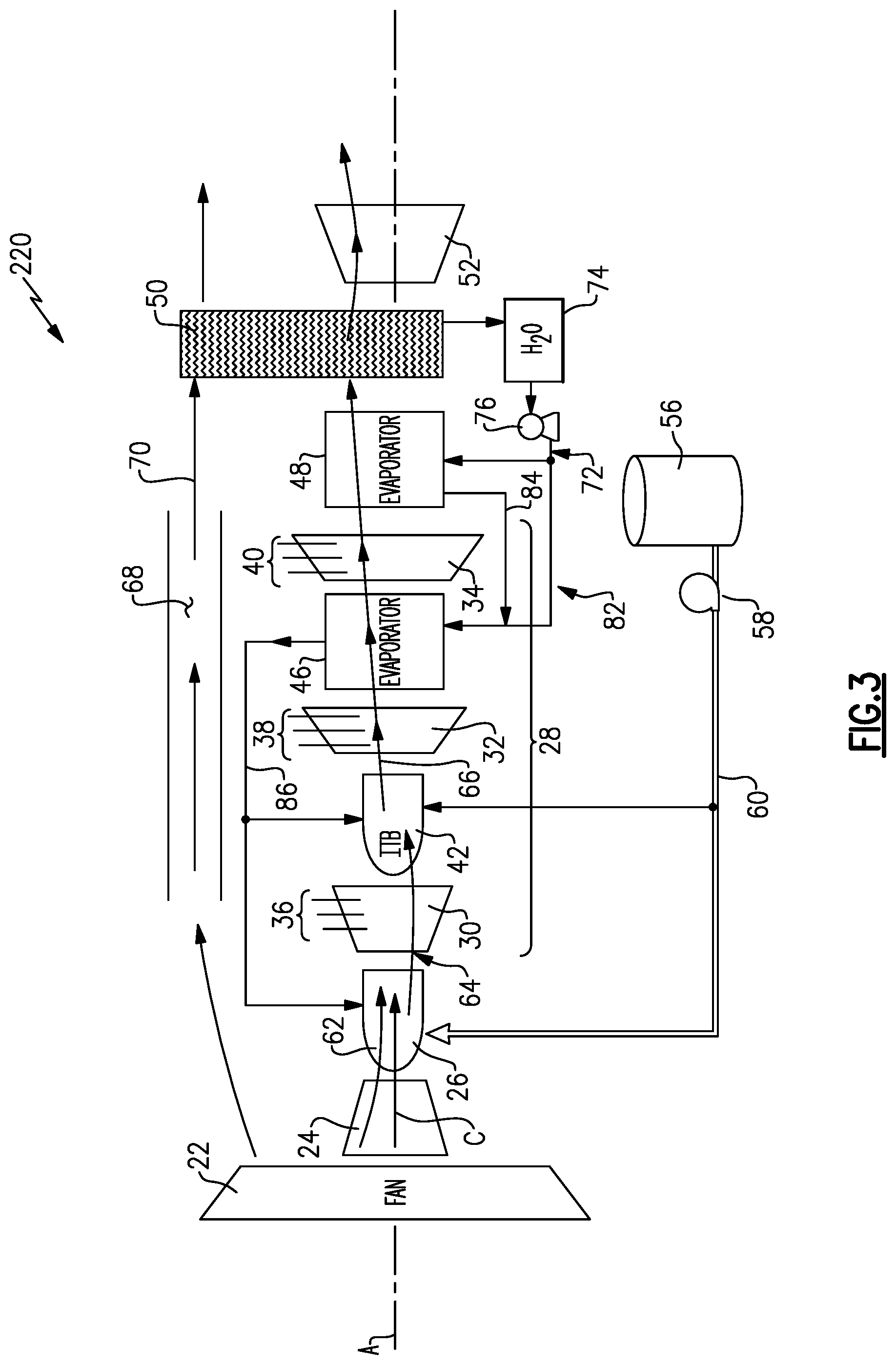 Patent US12129787 Figure 3 – Inter-turbine burner in recuperation cycle engine