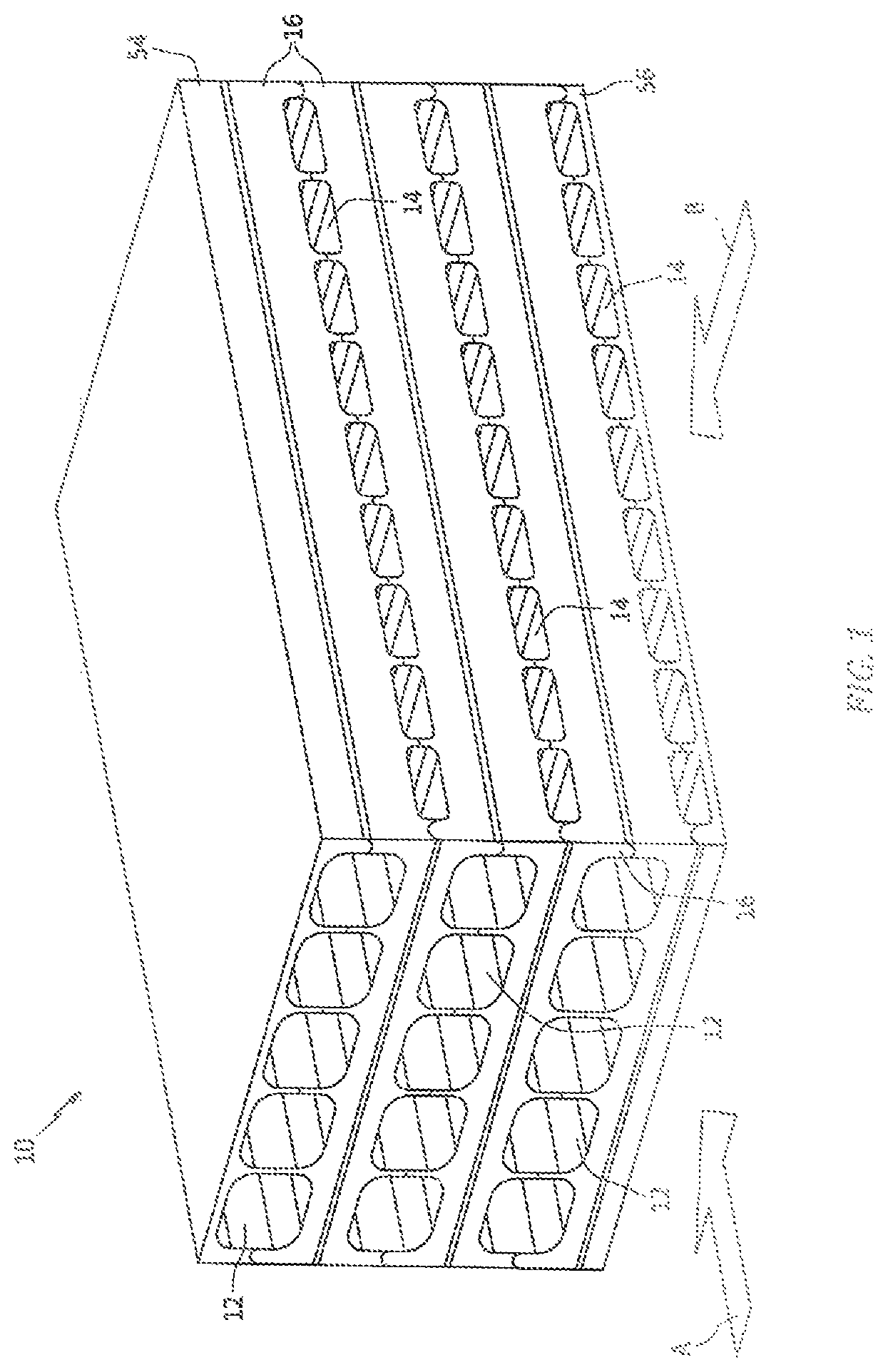 Patent US12129796 Figure 1 – Vortex restart structures for turbulated passages