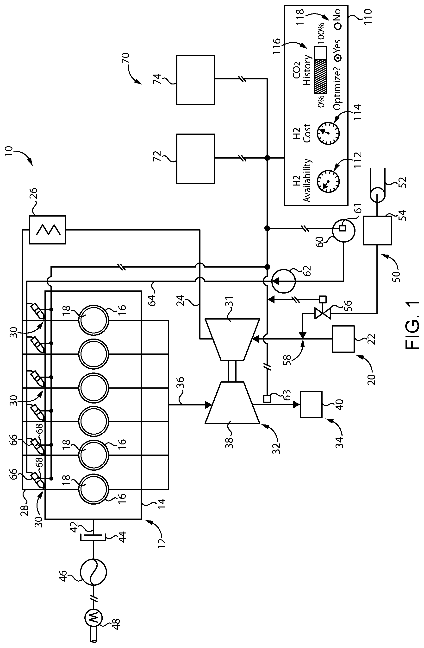 Patent US12129807 — Dual fuel engine operating strategy for optimized hydrogen and hydrocarbon fueling — Figure 1