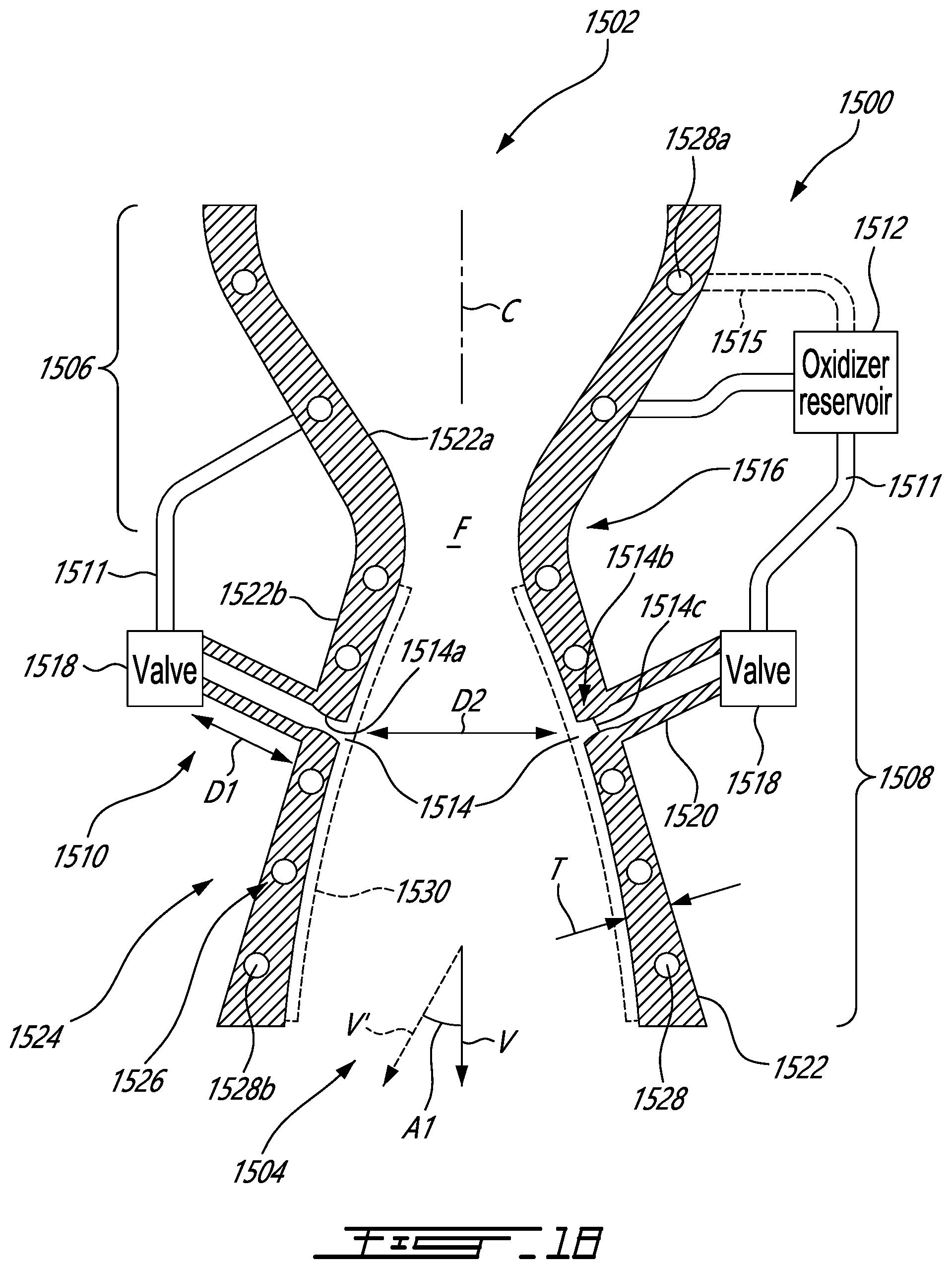 Patent US12129814 Figure 9 – Thrust vector control for hybrid propellants rocket engine with embedded fluid injection ports