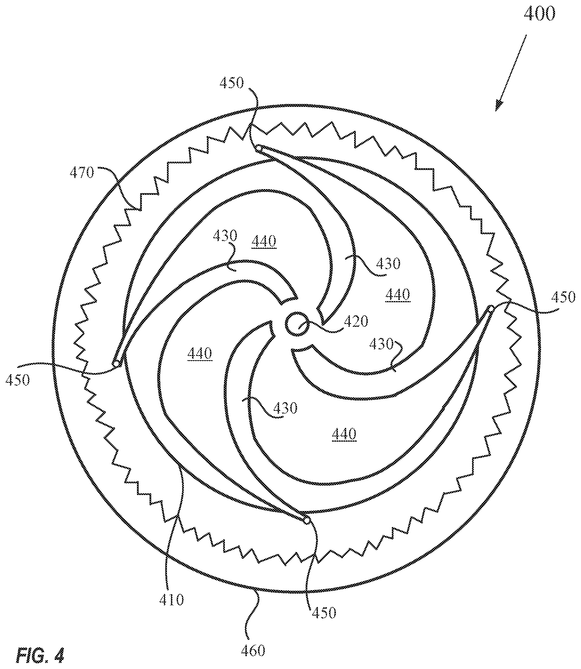 Patent US12129856 Figure 4 – Rotor having a plurality of spiral pathways to pass liquid or gas therethrough to increase power thereof
