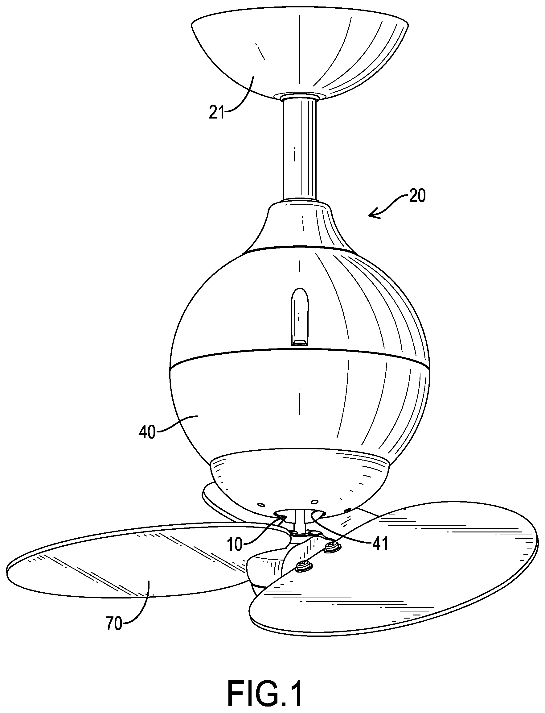 Patent US12129863 Figure 1 – Adapting assembly of a ceiling fan and ceiling fan having the same