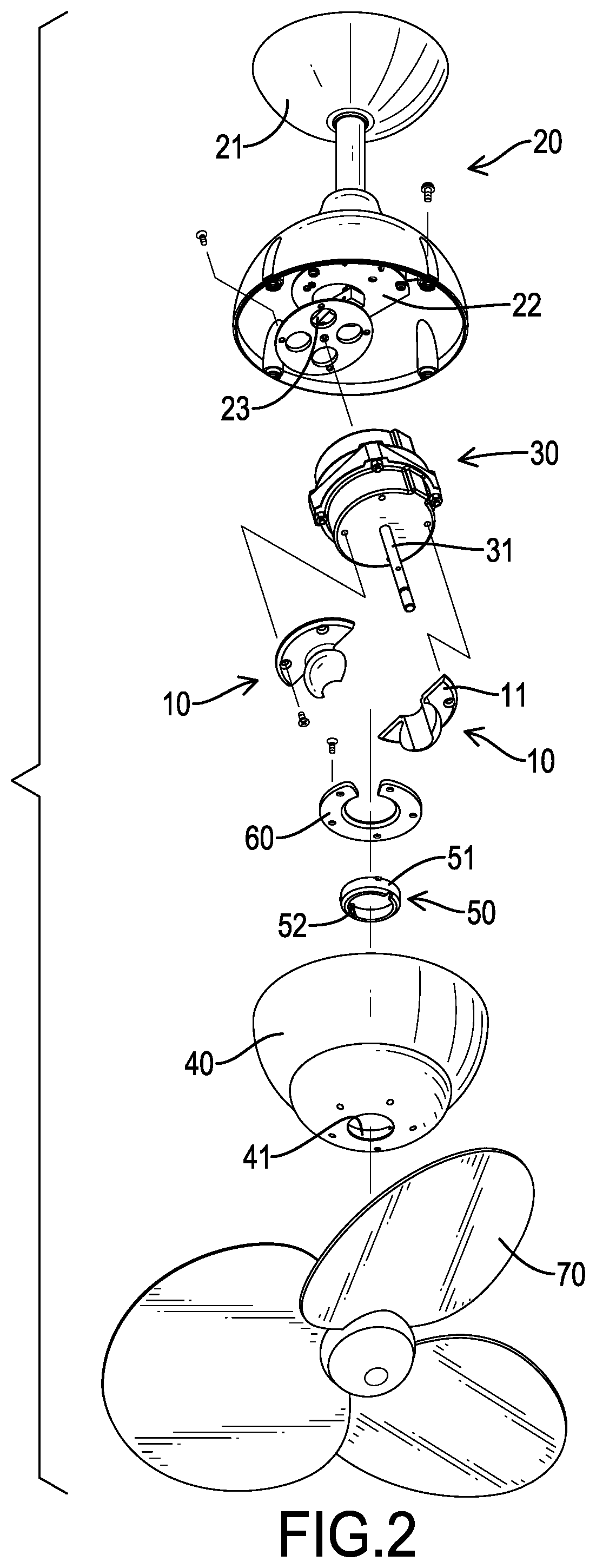 Patent US12129863 Figure 2 – Adapting assembly of a ceiling fan and ceiling fan having the same