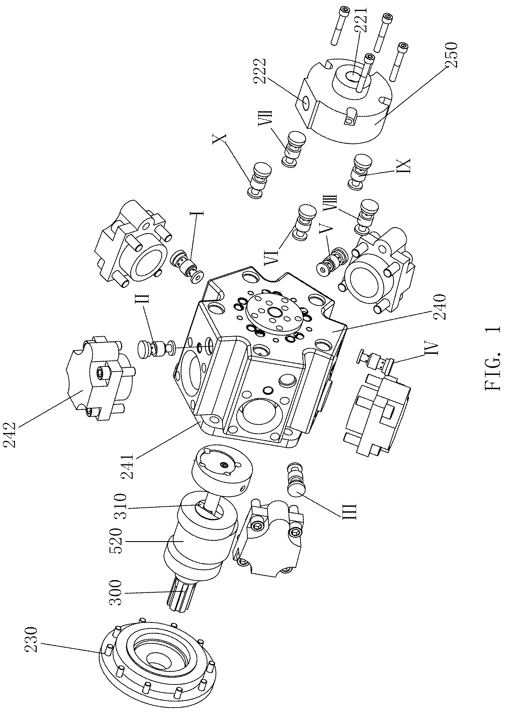 Patent US12129874 Figure 1 – Radial piston hydraulic device distributing flow by pilot operated check valves and operating method thereof