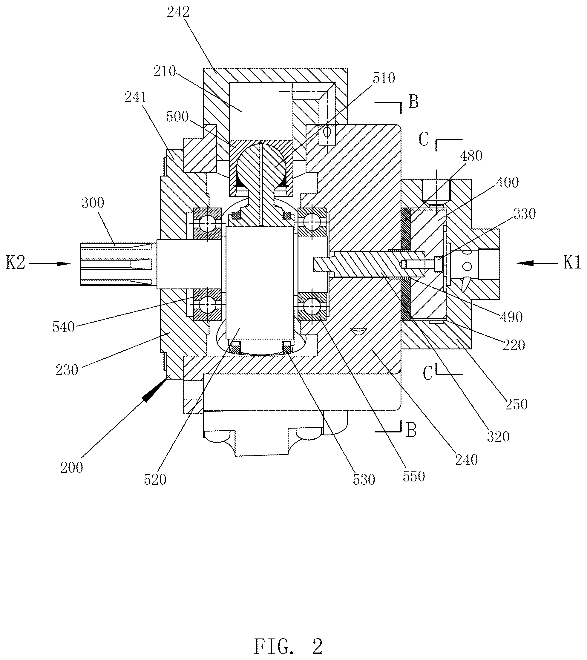 Patent US12129874 Figure 2 – Radial piston hydraulic device distributing flow by pilot operated check valves and operating method thereof