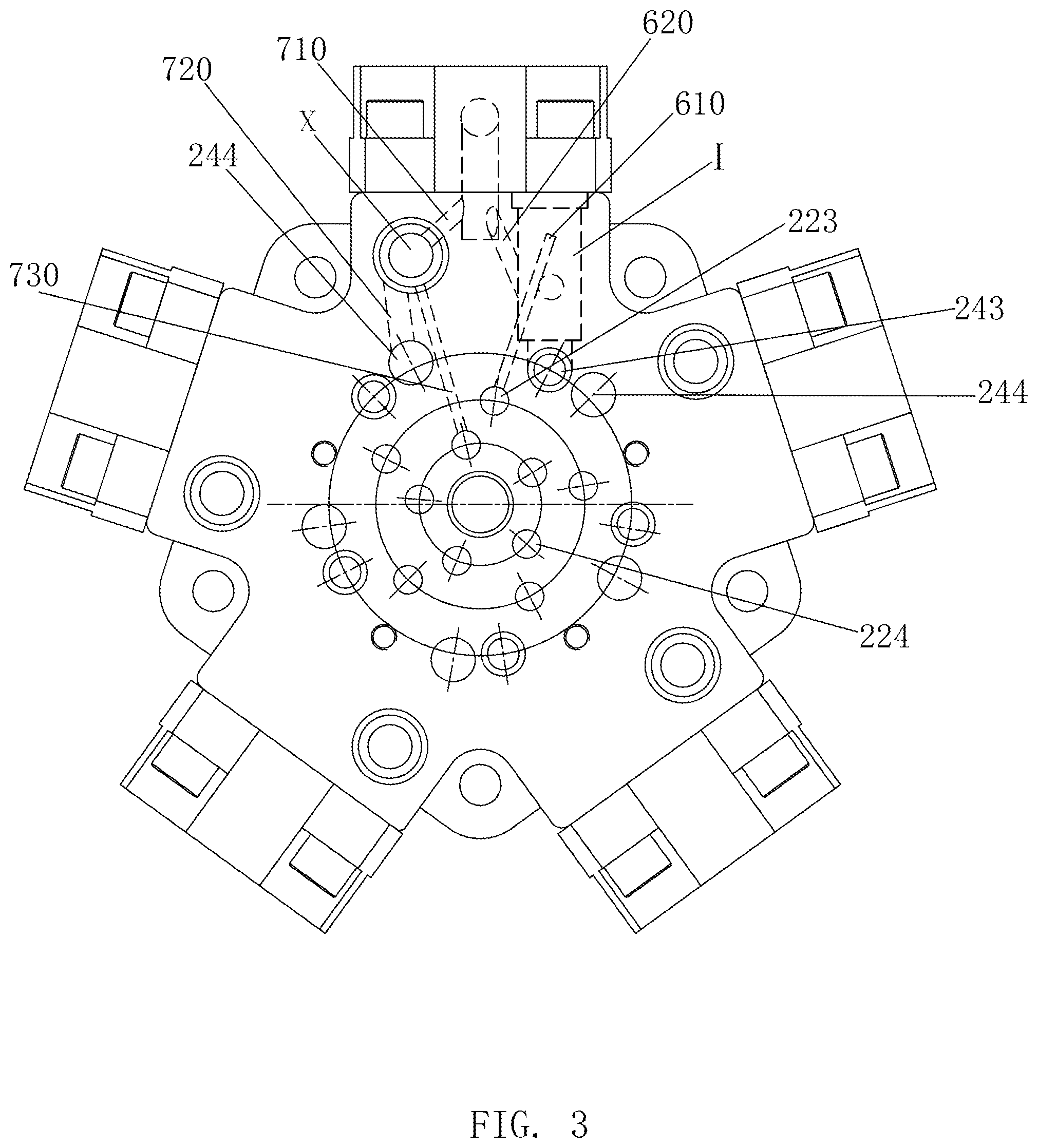 Patent US12129874 Figure 3 – Radial piston hydraulic device distributing flow by pilot operated check valves and operating method thereof