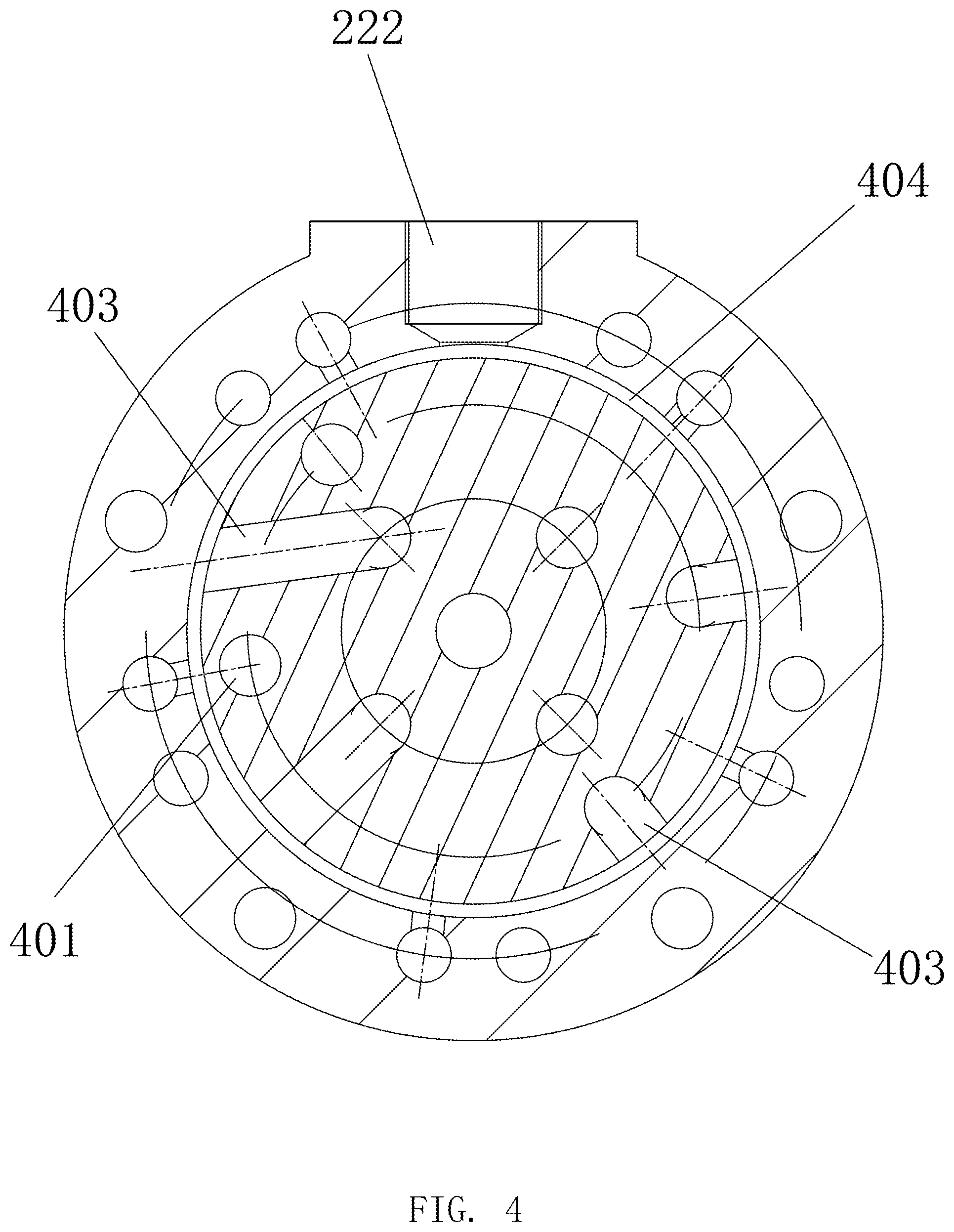 Patent US12129874 Figure 4 – Radial piston hydraulic device distributing flow by pilot operated check valves and operating method thereof
