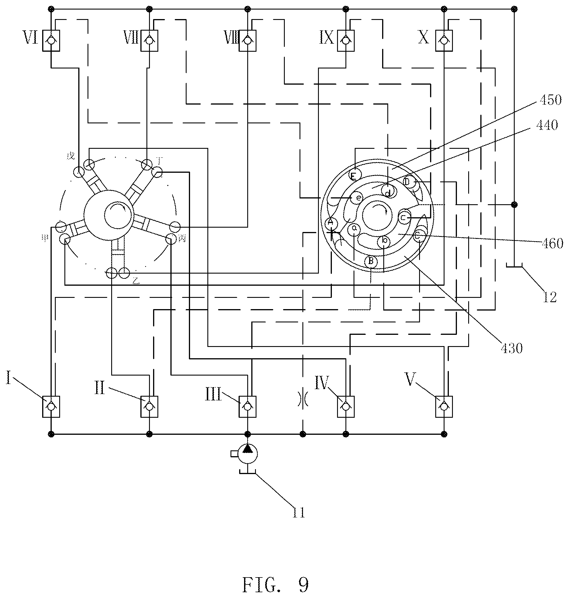 Patent US12129874 Figure 7 – Radial piston hydraulic device distributing flow by pilot operated check valves and operating method thereof