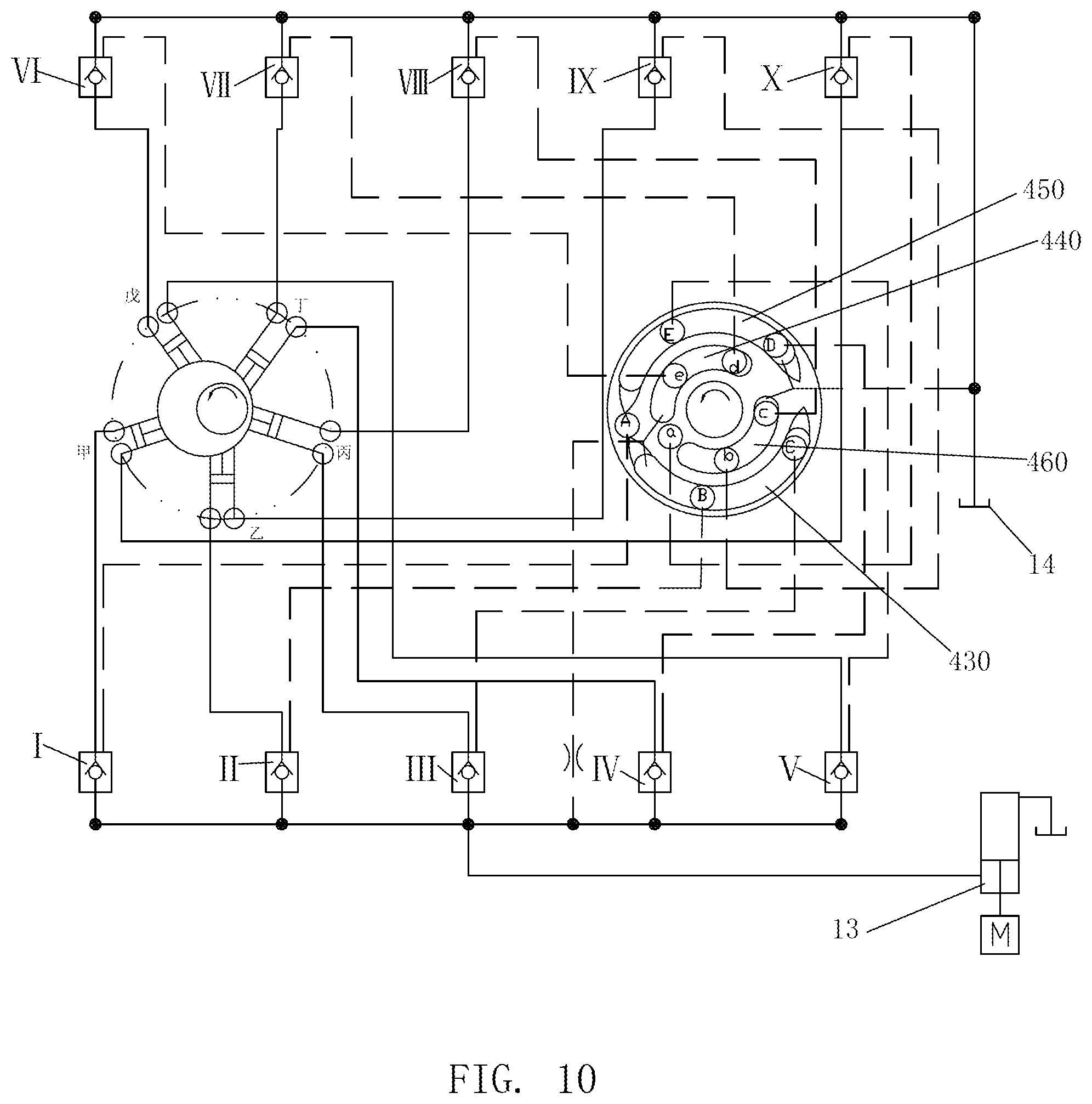 Patent US12129874 Figure 8 – Radial piston hydraulic device distributing flow by pilot operated check valves and operating method thereof