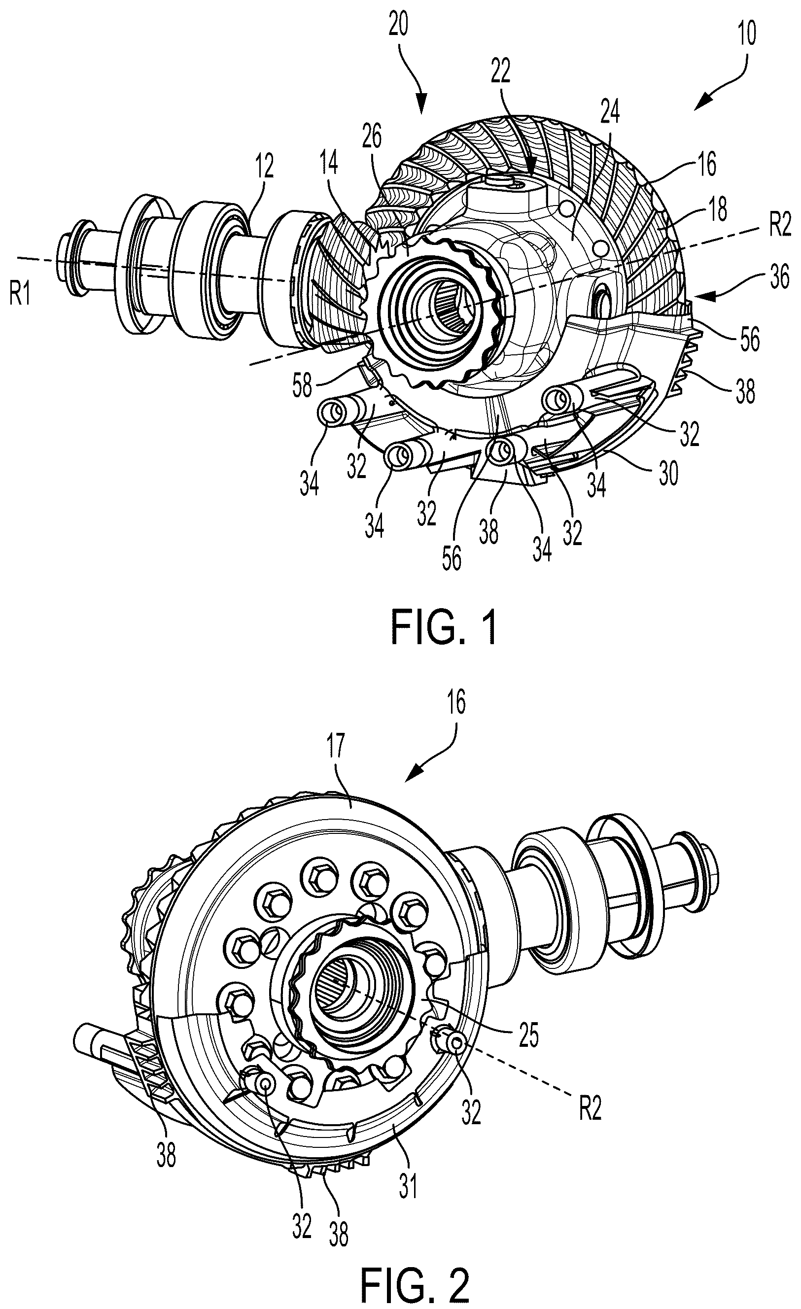 Patent US12129920 Figure 1 – Drive axle assembly with axially adjustable lubricant baffle
