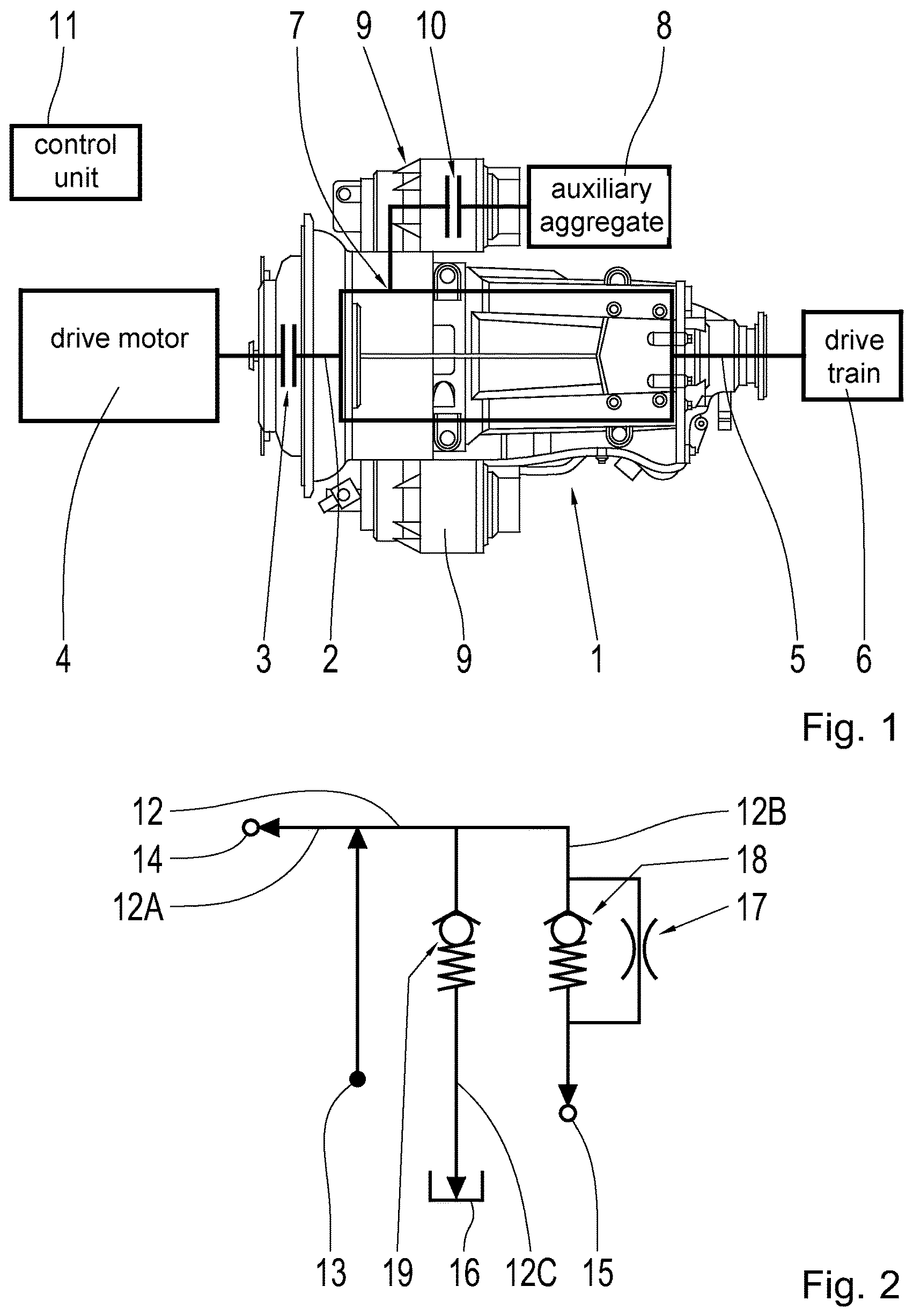 Patent US12129921 Figure 1 – Vehicle transmission with a lubrication system and a connection for attaching a power take-off module to the vehicle transmission