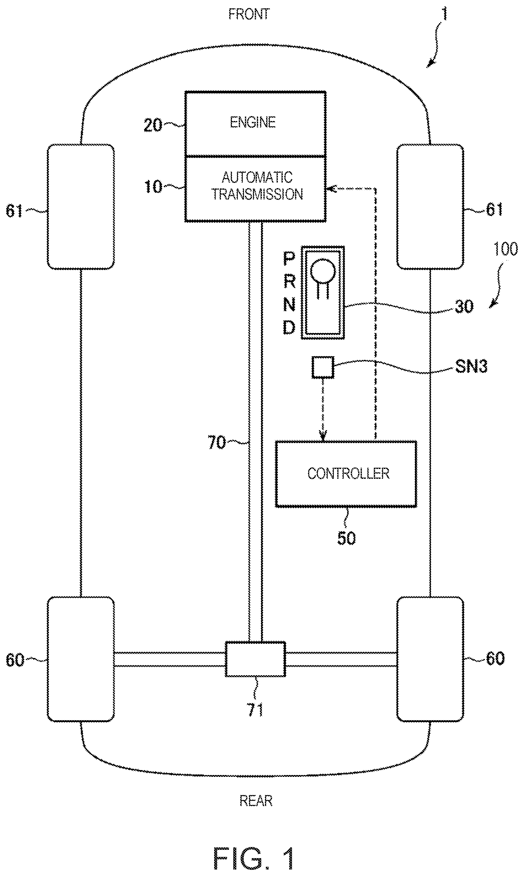 Patent US12129923 Figure 1 – Control system of vehicle including automatic transmission