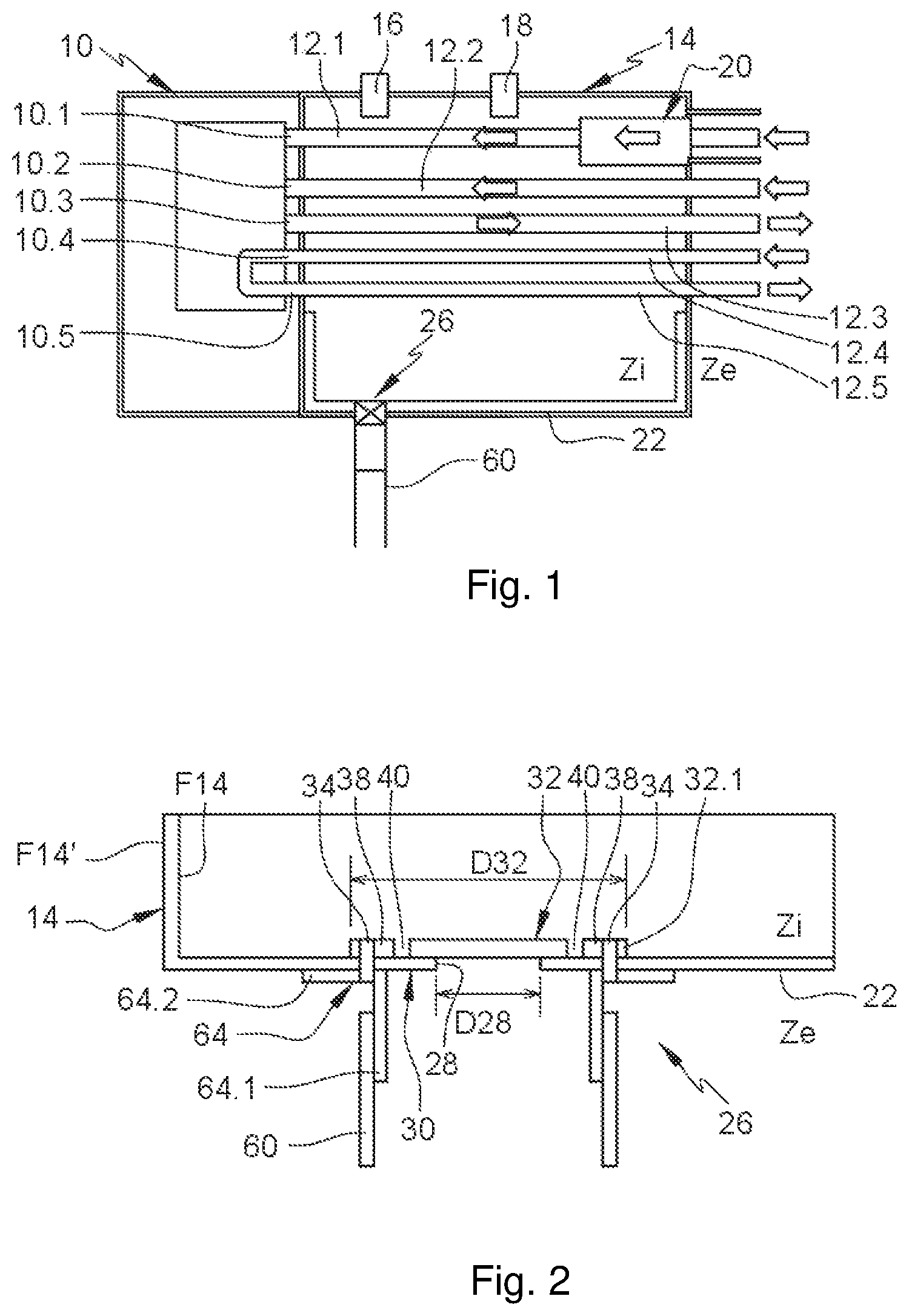 Patent US12129931 Figure 1 – Enclosure containing an inerting gas and comprising a liquid discharging system, aircraft having such an enclosure