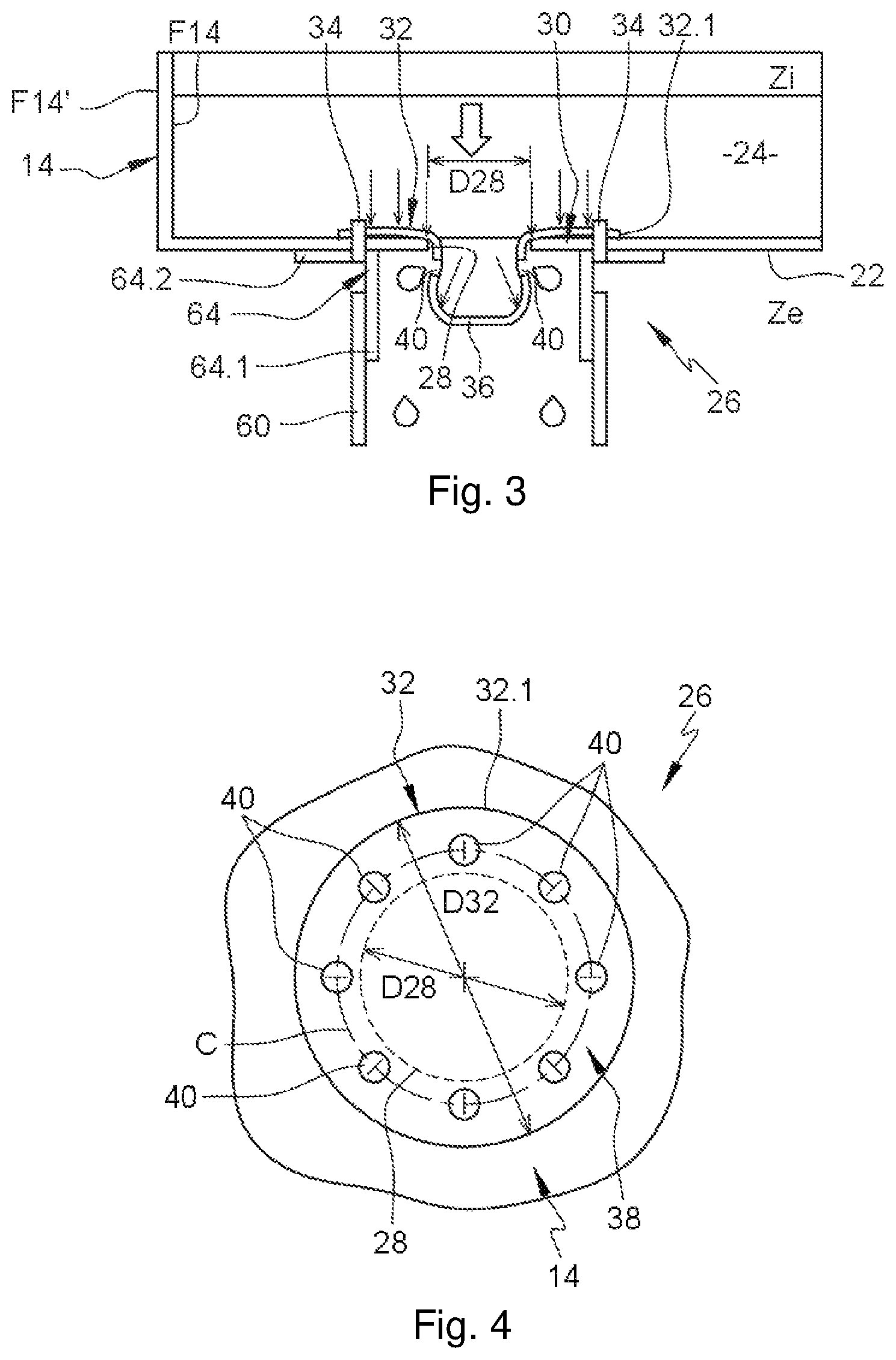 Patent US12129931 Figure 2 – Enclosure containing an inerting gas and comprising a liquid discharging system, aircraft having such an enclosure