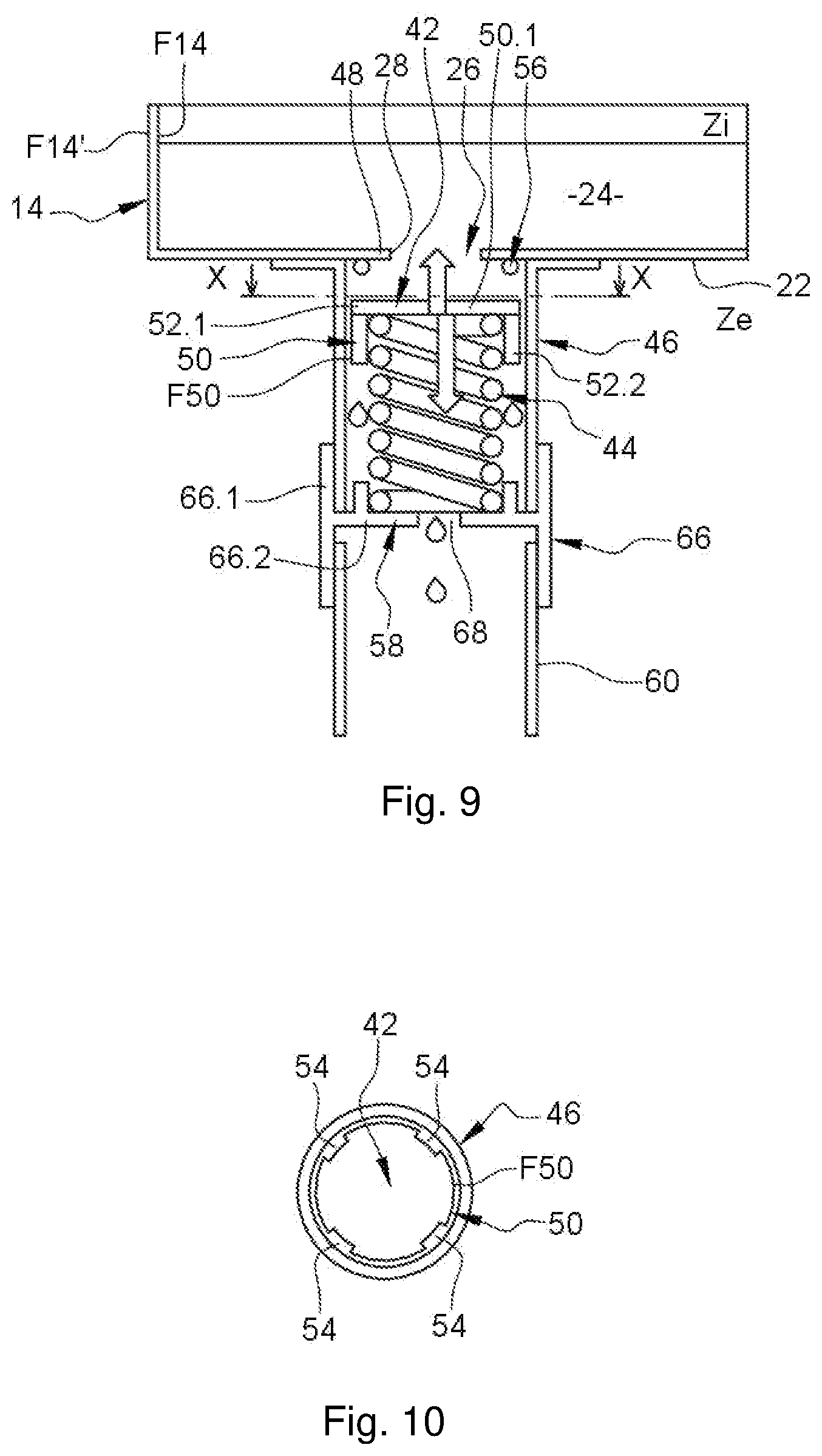 Patent US12129931 Figure 5 – Enclosure containing an inerting gas and comprising a liquid discharging system, aircraft having such an enclosure