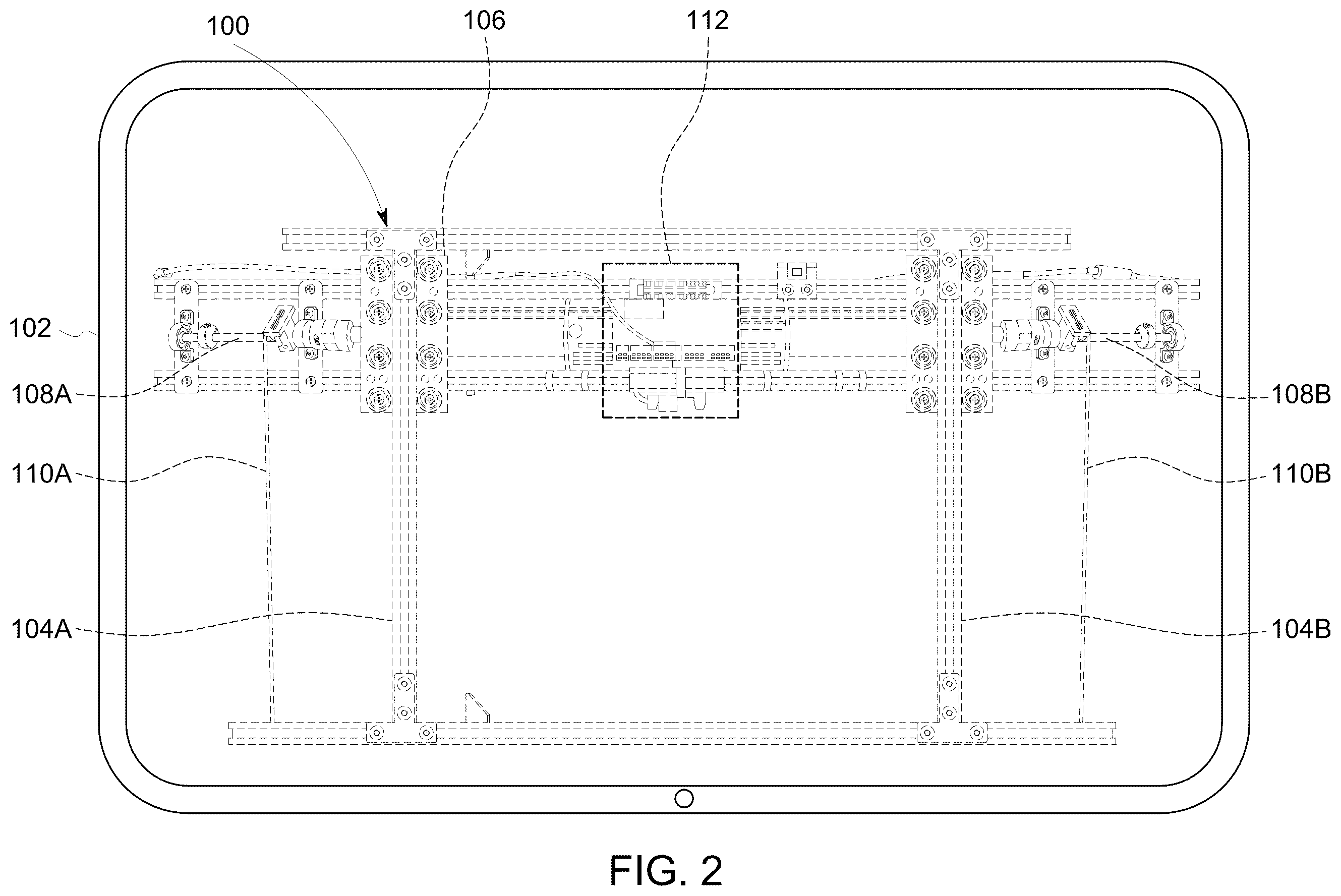 Patent US12129957 Figure 3 – Display mounting system with concealed lifting mechanism for enhanced user viewing comfort and aesthetics
