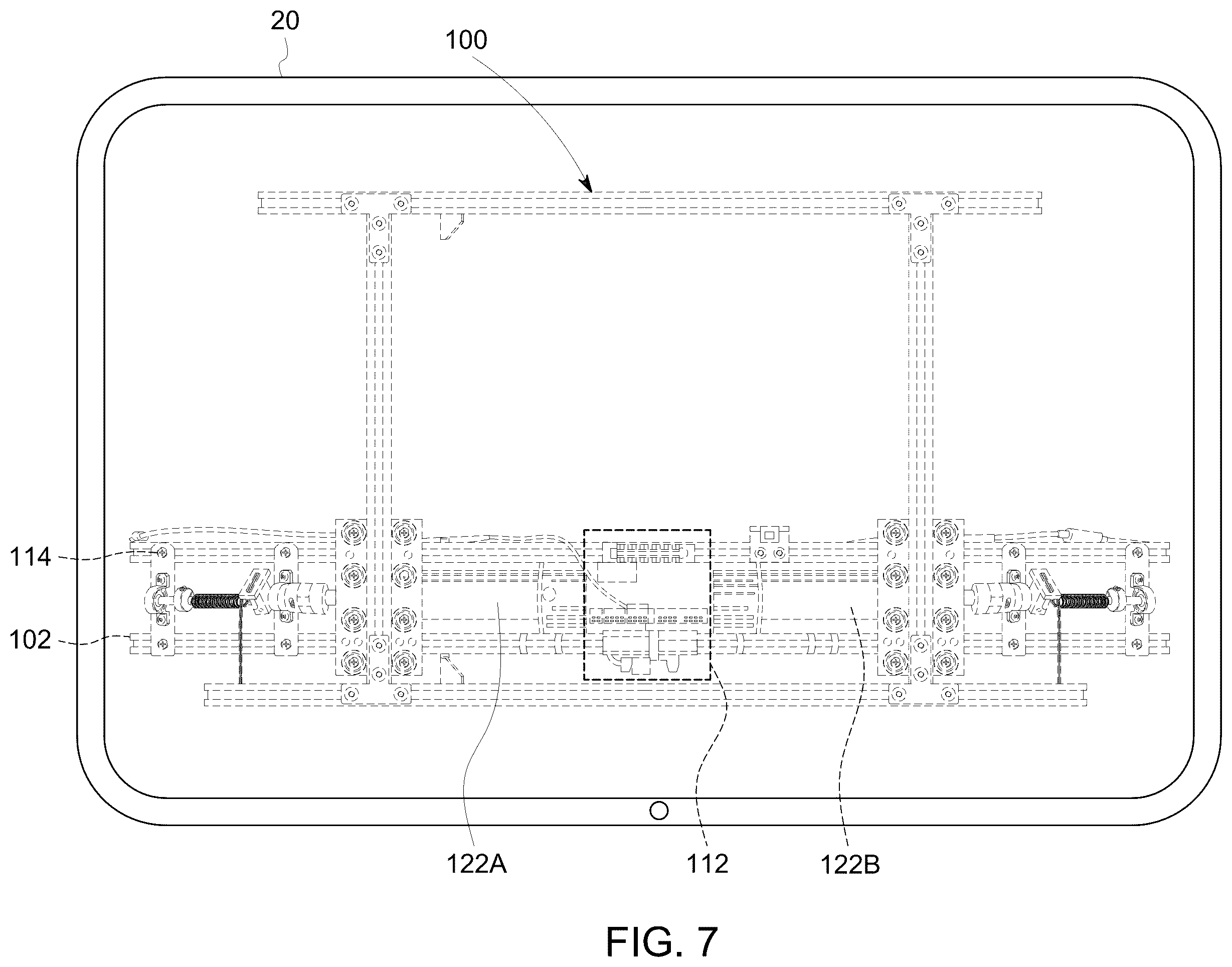 Patent US12129957 Figure 7 – Display mounting system with concealed lifting mechanism for enhanced user viewing comfort and aesthetics