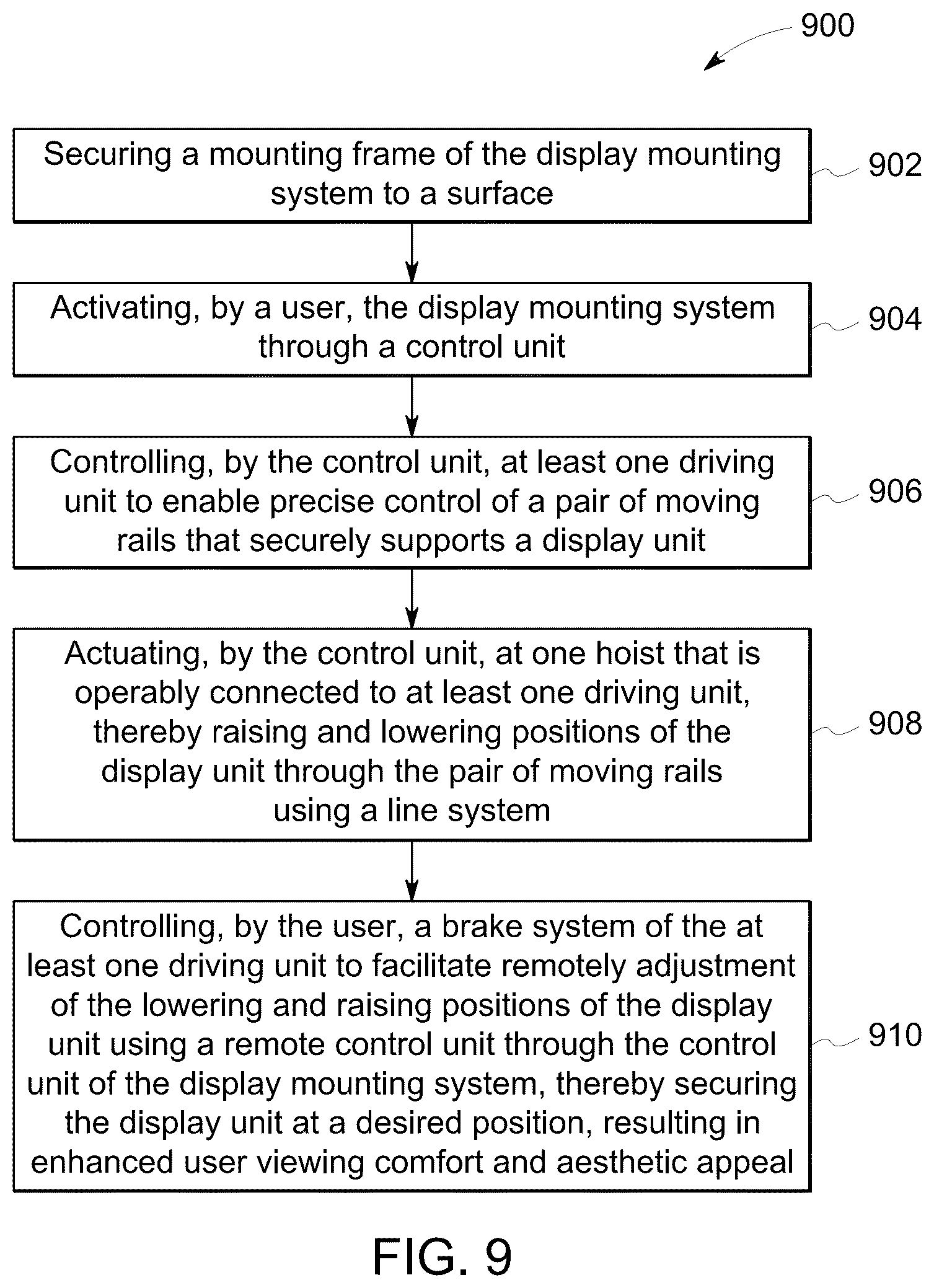 Patent US12129957 Figure 9 – Display mounting system with concealed lifting mechanism for enhanced user viewing comfort and aesthetics