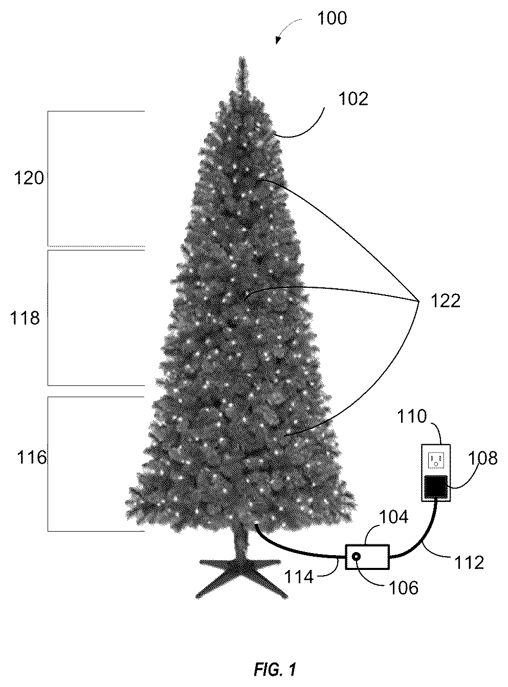 Patent US12129995 Figure 1 – Systems and methods for controlling decorative lighting