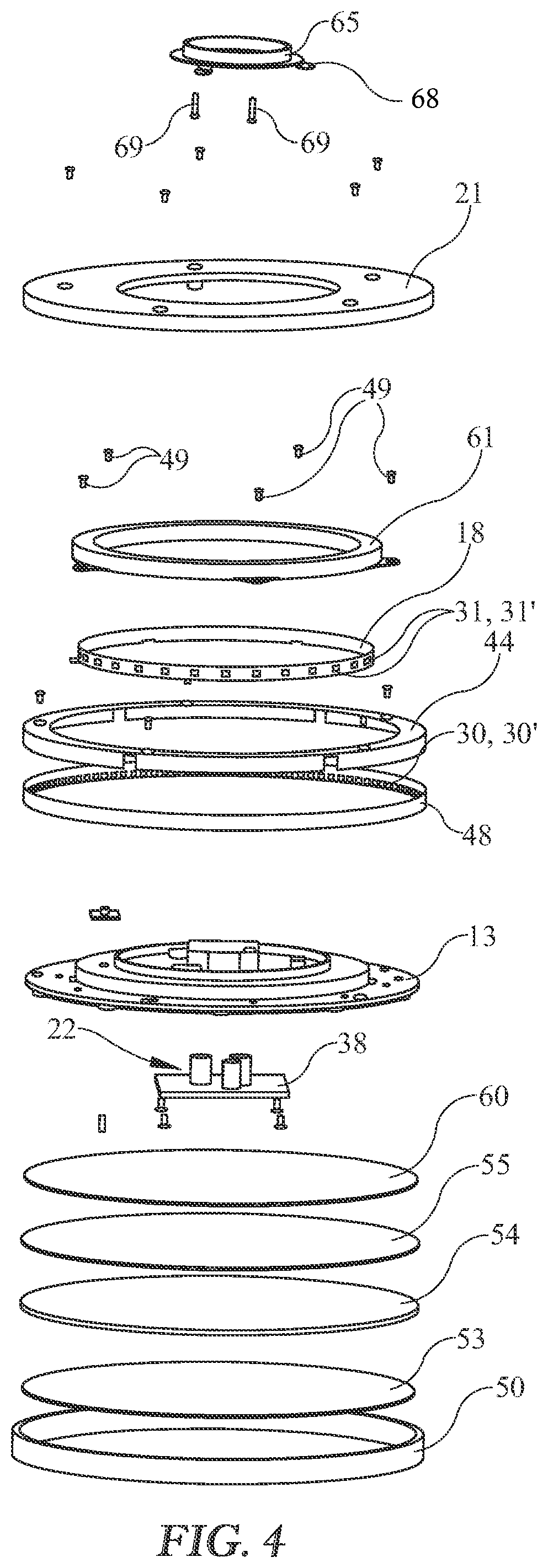 Patent US12129996 Figure 2 – Duo LED light fixture with a downlight source and an optionally operable upper light source